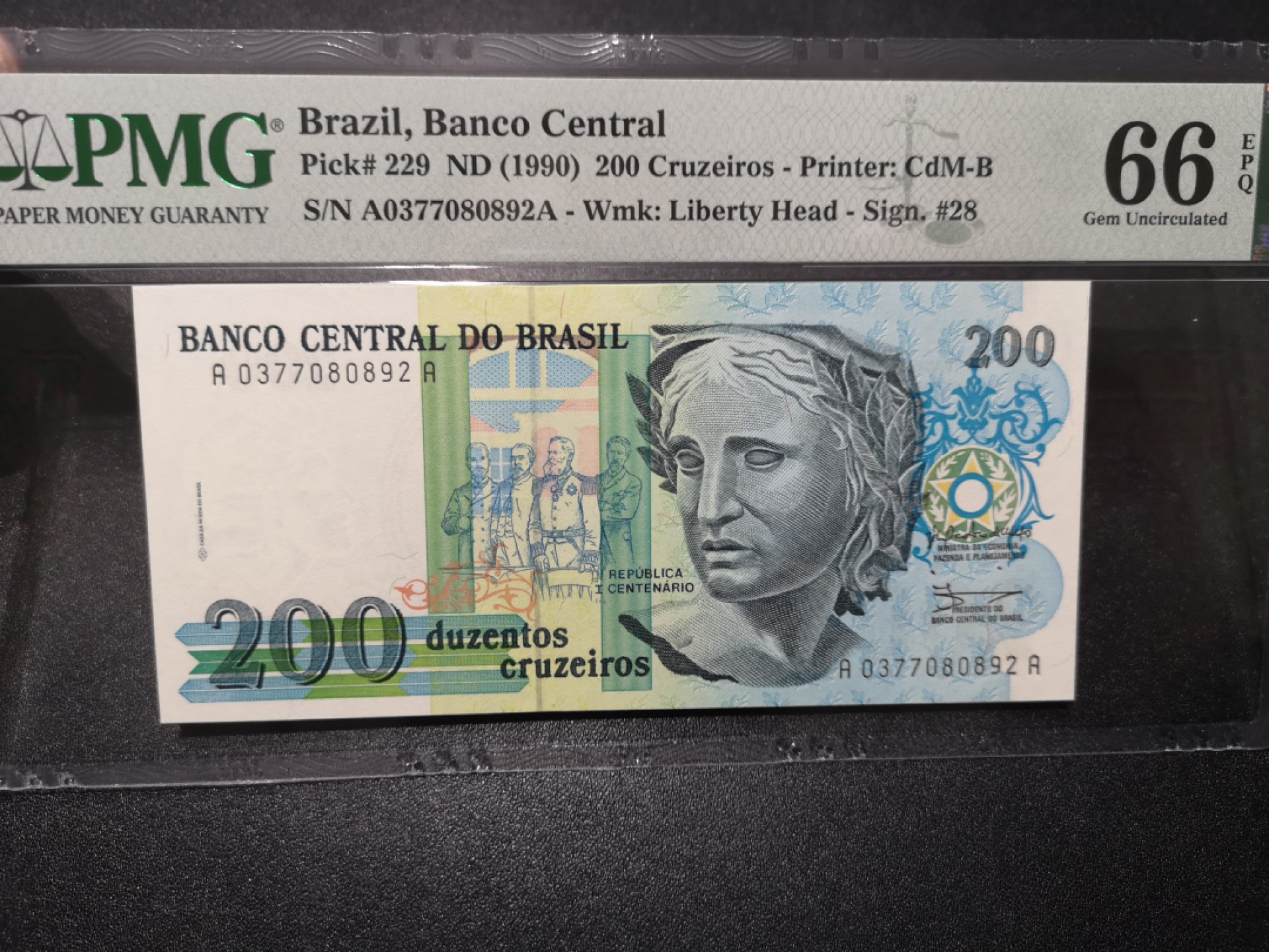 《外钞收藏家》第一百六十七期拍卖 1990年巴西200 PMG66