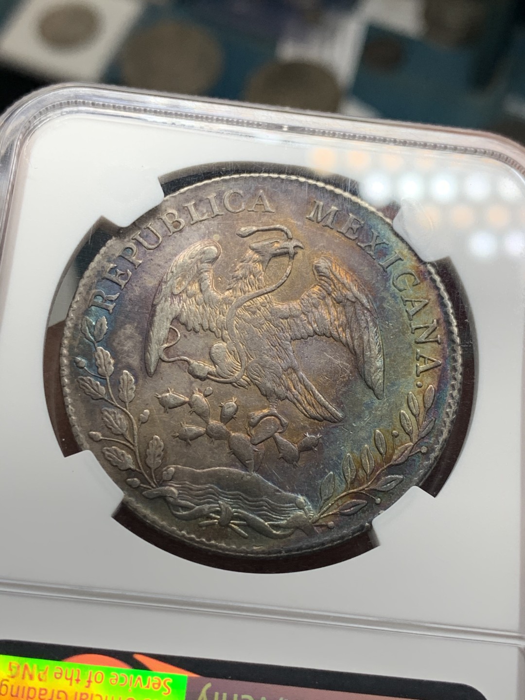 《竞宝斋》第34，35场-本周日，周一2场连拍（全场顺丰包邮） NGC-AU55 墨西哥 1894 花边鹰洋 原味带光五彩 极品五彩包浆