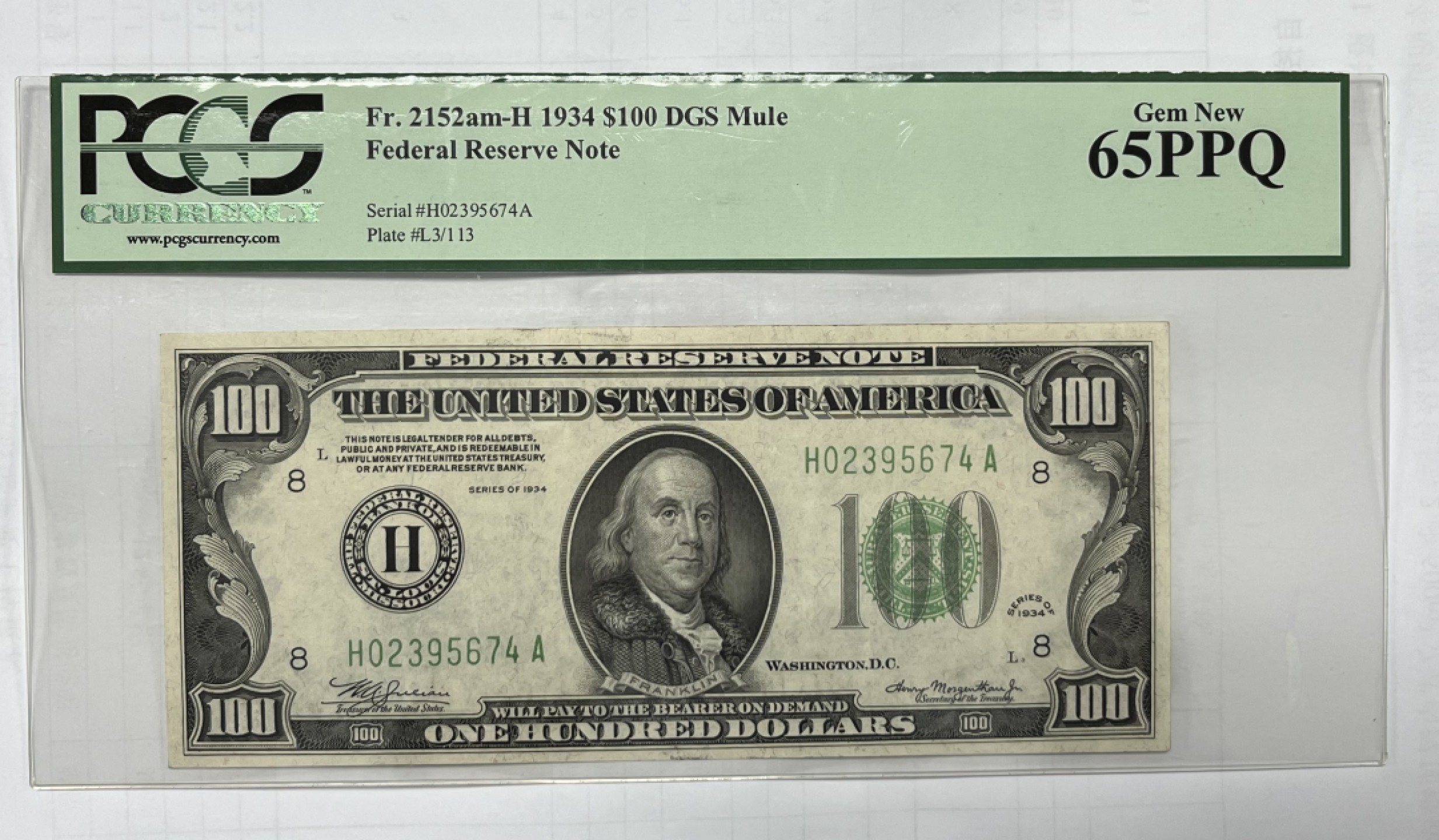 得物拍卖 Chase Auction  第2期 - -世界纸币精粹（二）  1934正版 100美元  PCGS 65PPQ  DGS=Dark Green Seal深色库印  乱蛇号，正面富兰克林，美国政治家，科学家，发明家，实业家，美国开国元勋之一，背面为美国费城独立纪念馆（自由钟）！