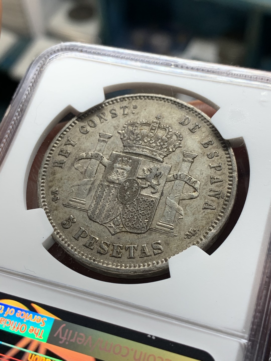 《竞宝斋》第34，35场-本周日，周一2场连拍（全场顺丰包邮） NGC-XF45 西班牙 1885年 阿方索十二世 双柱5比塞塔 大银币 胡子清晰 状态很好 个人看到53-55的分