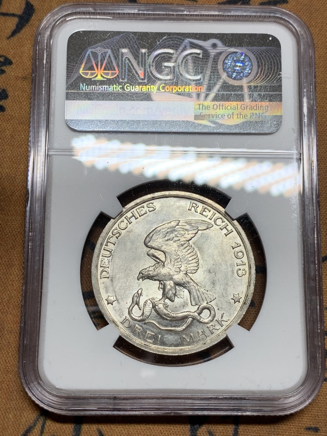 《竞宝斋》第34，35场-本周日，周一2场连拍（全场顺丰包邮） NGC-MS62 德国普鲁士 1913年 普法战争 3马克 银币 原光好品 淡彩