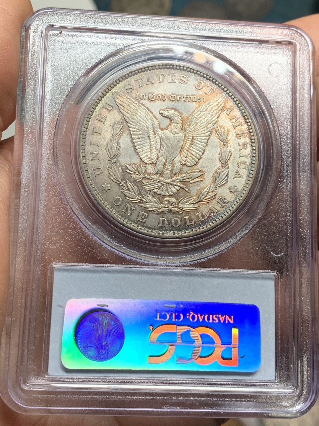 《竞宝斋》第34，35场-本周日，周一2场连拍（全场顺丰包邮） PCGS-MS61 美国 1886 年 摩根银币 不多的年份，老盒低评 淡彩包浆