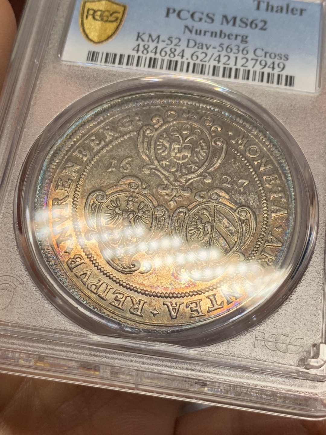 《竞宝斋》第34，35场-本周日，周一2场连拍（全场顺丰包邮） PCGS-MS62 德国 1627年 神圣罗马帝国纽伦堡自由市 1泰勒 稀缺品种 五彩包浆 亚军分 PCGS封面币 非常漂亮
