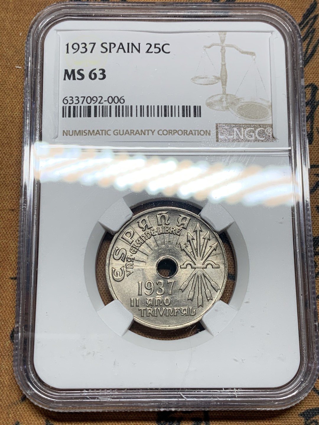 《竞宝斋》第34，35场-本周日，周一2场连拍（全场顺丰包邮） NGC-MS63 西班牙 内战币 1937年 25分 镍币 较少见品种