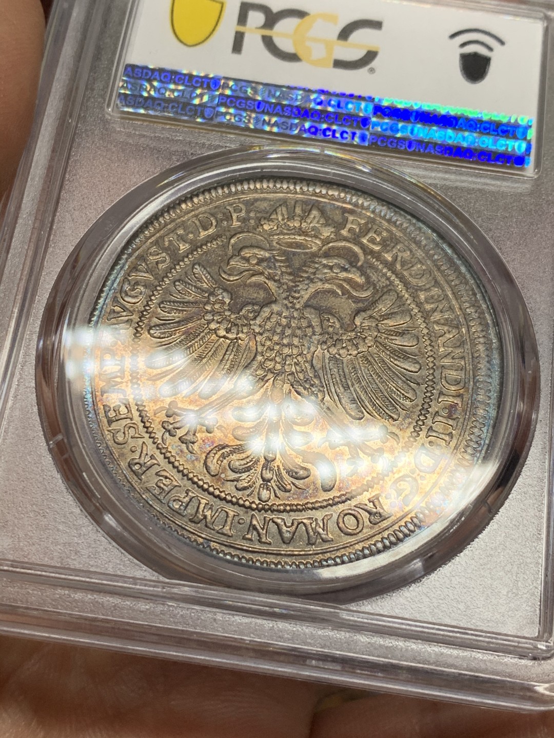 《竞宝斋》第34，35场-本周日，周一2场连拍（全场顺丰包邮） PCGS-MS62 德国 1627年 神圣罗马帝国纽伦堡自由市 1泰勒 稀缺品种 五彩包浆 亚军分 PCGS封面币 非常漂亮