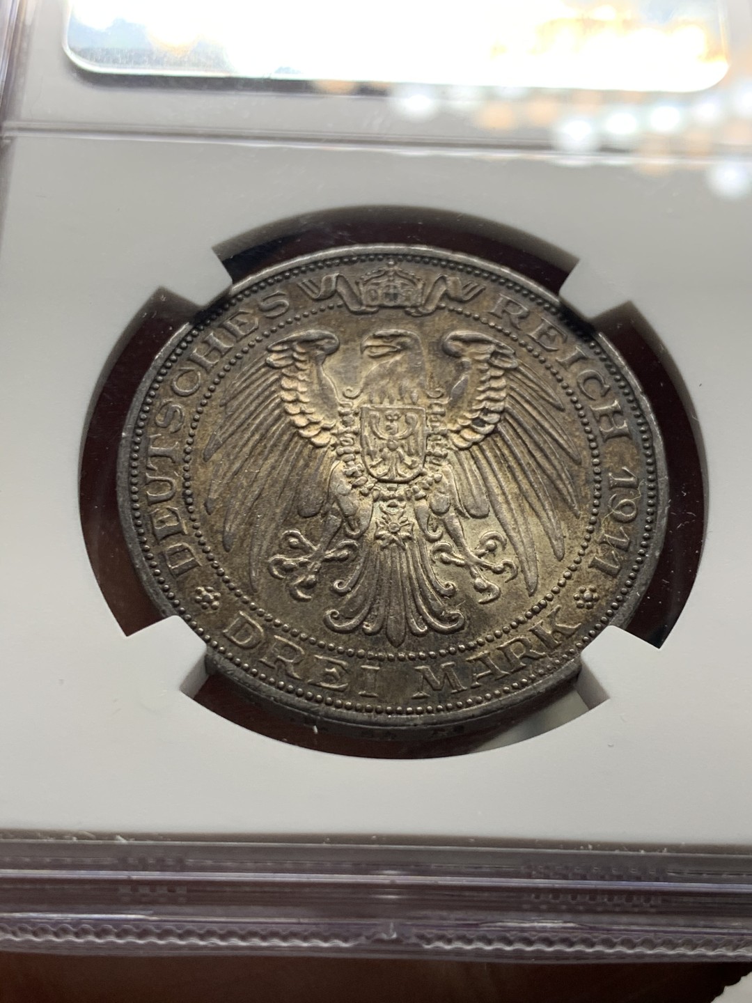 《竞宝斋》第34，35场-本周日，周一2场连拍（全场顺丰包邮） NGC-AU58 德国普鲁士 1911年 柏林大学 3马克 银币 非常漂亮的包浆