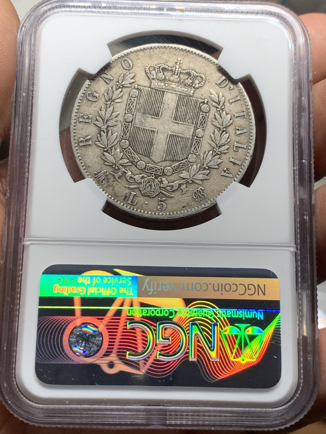 《竞宝斋》第34，35场-本周日，周一2场连拍（全场顺丰包邮） NGC-XF45 意大利 1872年 伊曼纽尔二世 5里拉 原味好品大银币