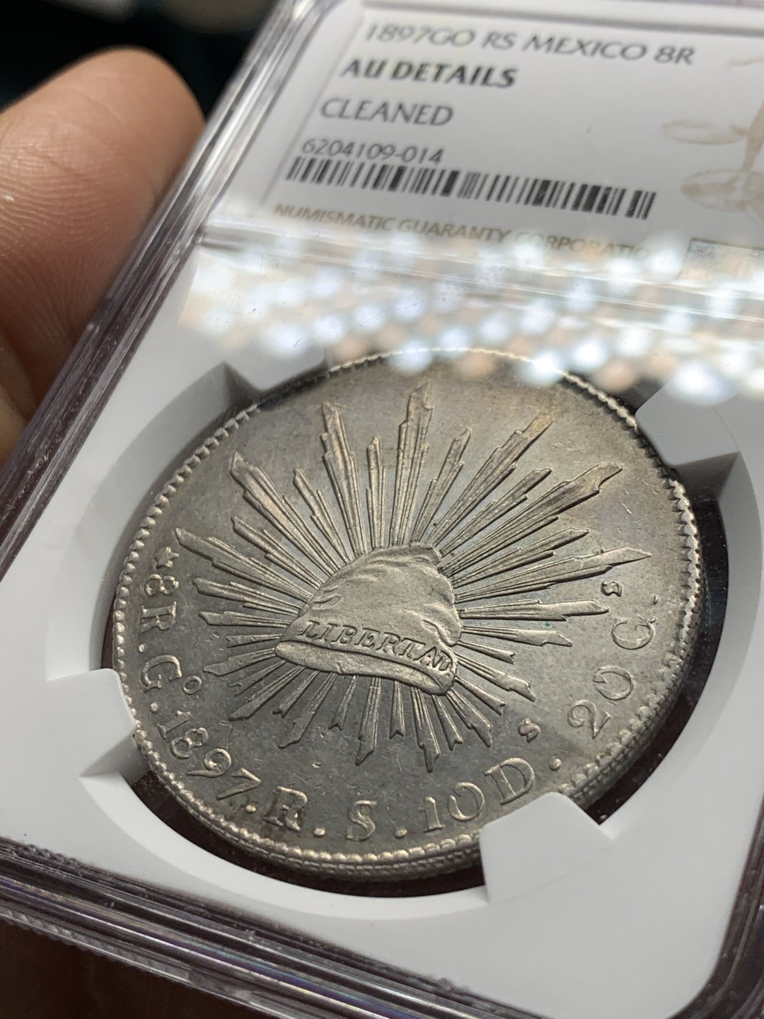 《竞宝斋》第34，35场-本周日，周一2场连拍（全场顺丰包邮） NGC-AUD 1897 墨西哥鹰洋 8 里亚尔 银币 瓜纳华托厂  原味淡光 