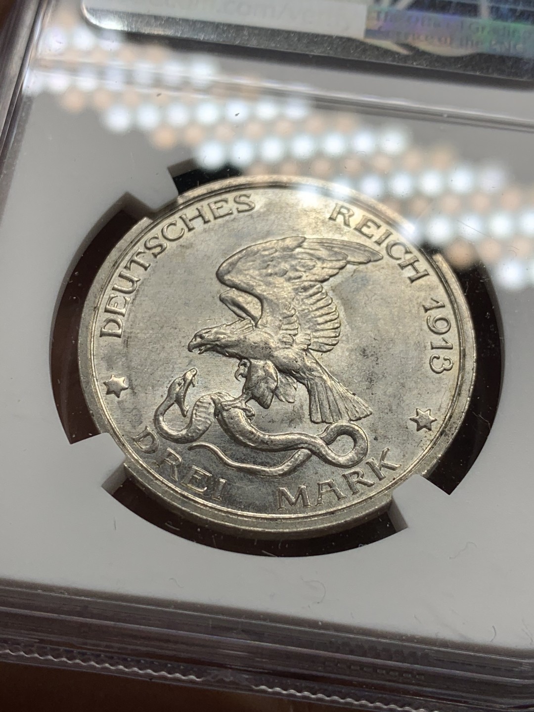 《竞宝斋》第34，35场-本周日，周一2场连拍（全场顺丰包邮） NGC-MS62 德国普鲁士 1913年 普法战争 3马克 银币 原光好品 淡彩