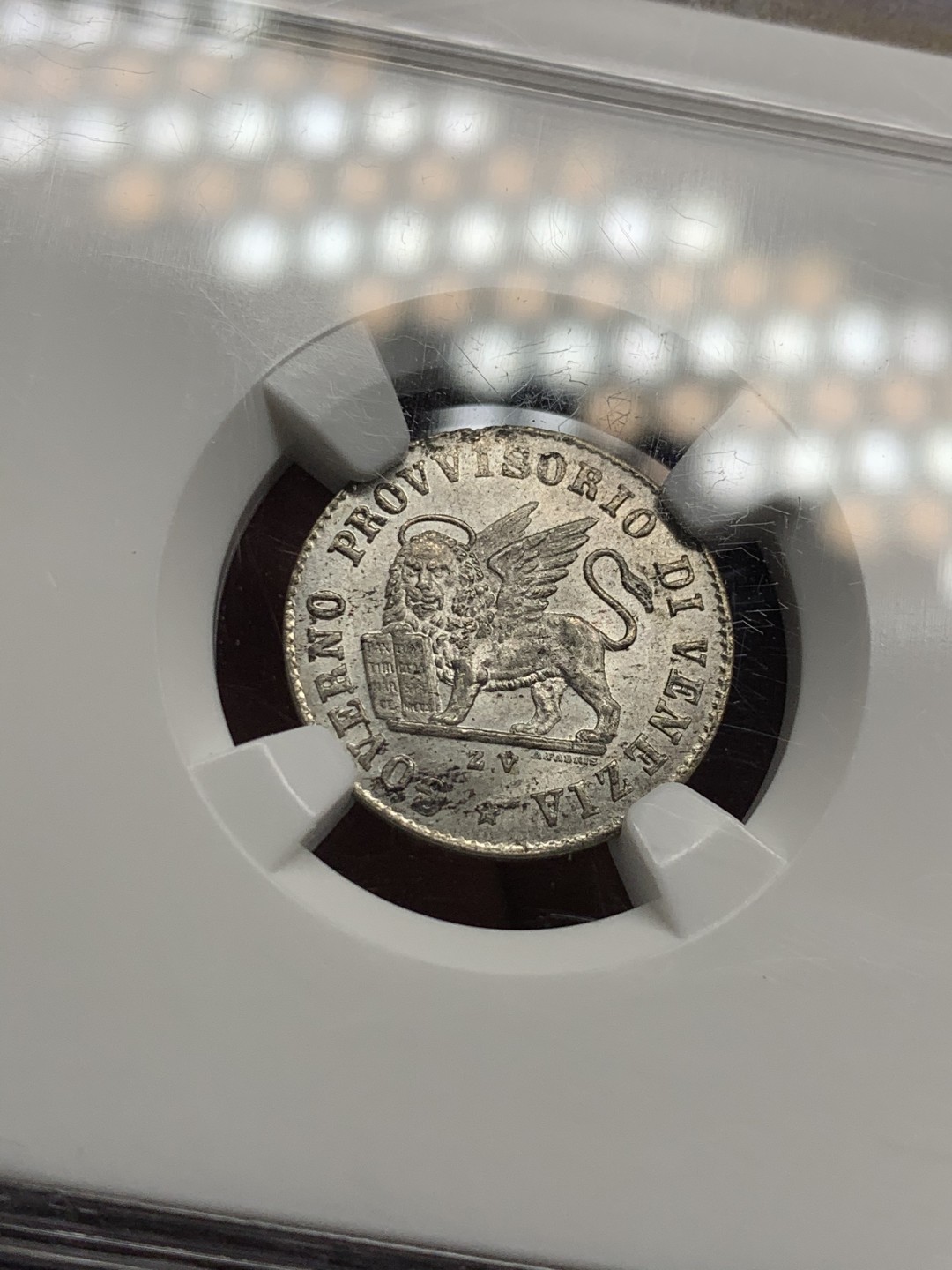 《竞宝斋》第34，35场-本周日，周一2场连拍（全场顺丰包邮） 1848年威尼斯临时政府15分银币 MS63 圣马可狮子经典形象 银主币价格已飞涨