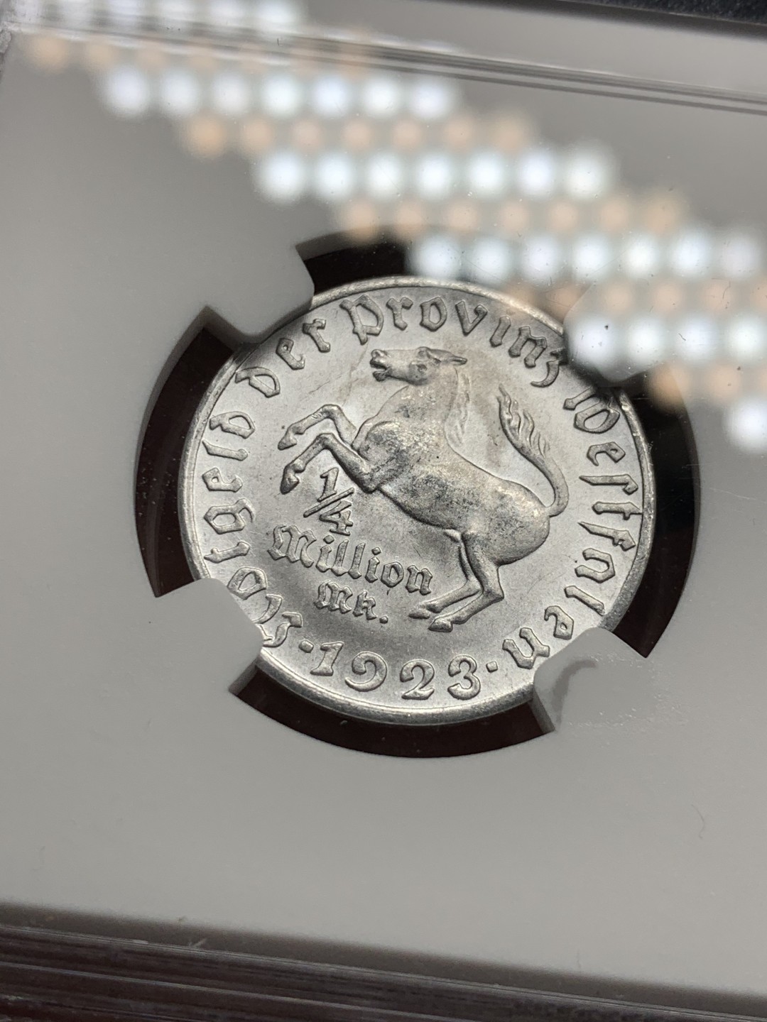 《竞宝斋》第34，35场-本周日，周一2场连拍（全场顺丰包邮） NGC-MS63 德国魏玛共和国 1923年 25万马克 小马铝币 稀少面值 比较少见