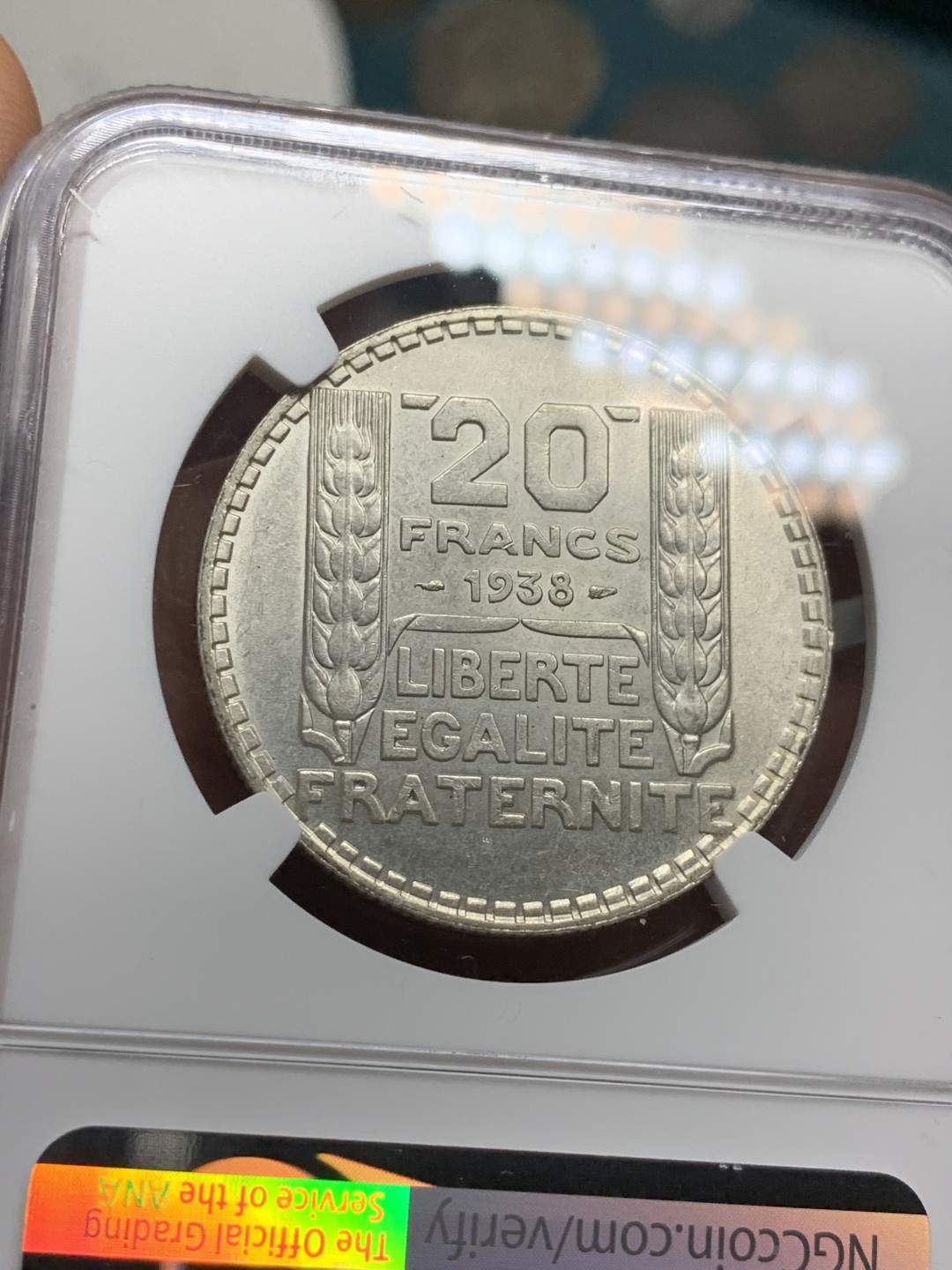《竞宝斋》第34，35场-本周日，周一2场连拍（全场顺丰包邮） NGC-MS61 法国1938年 谷物女神 20法郎 大银币 原光好品 给分低了 个人看62分