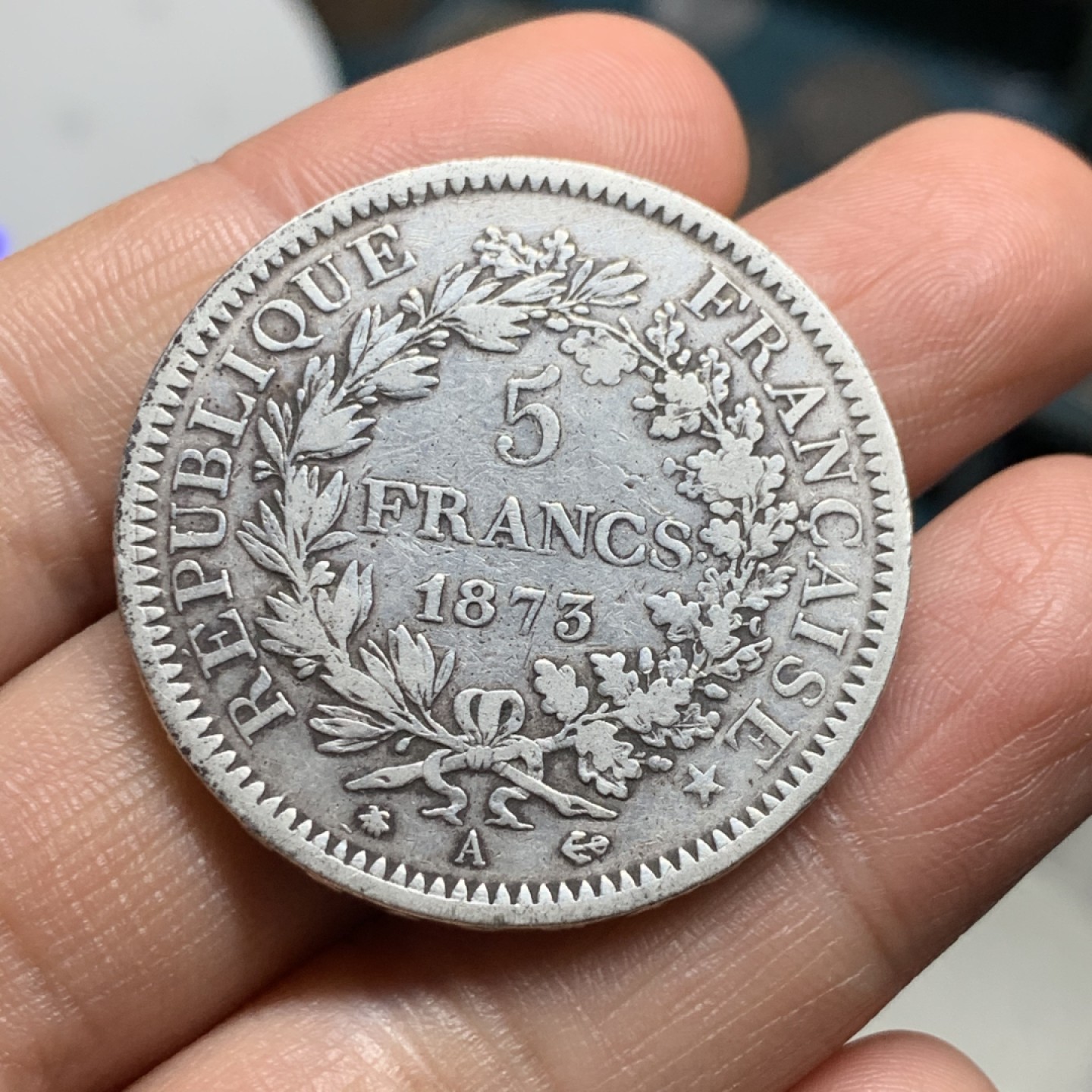 《竞宝斋》第34，35场-本周日，周一2场连拍（全场顺丰包邮） 流通好品相 法国 1873年 5法郎 大力神银币 原汁原味流通好品1873-A大力神银币，很舒服的老味道
