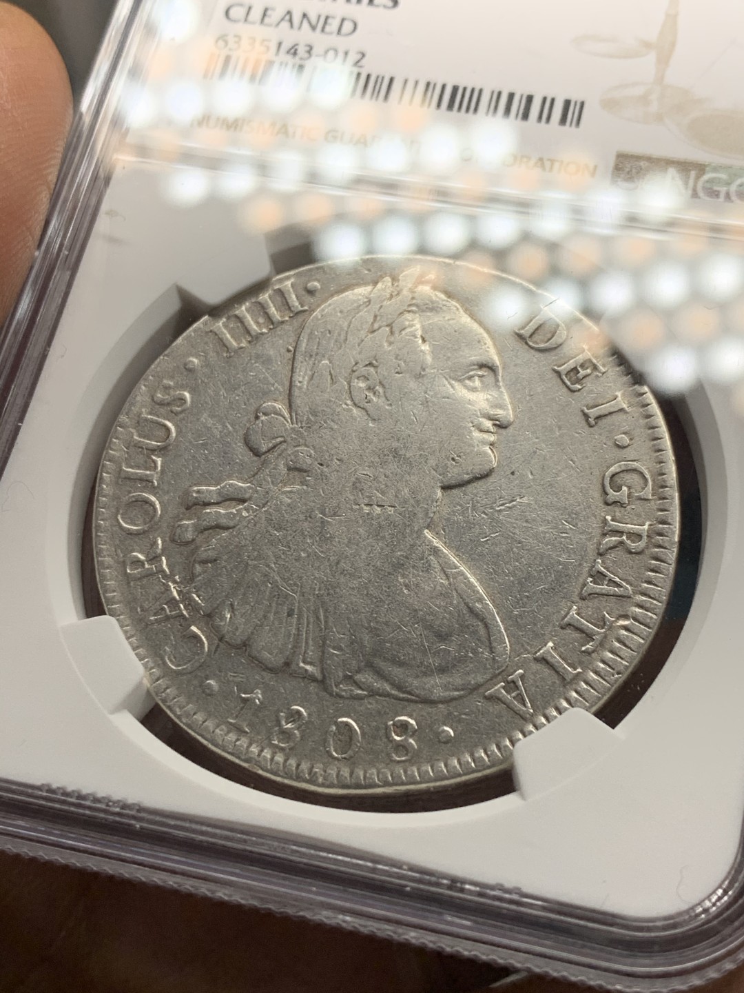 《竞宝斋》第34，35场-本周日，周一2场连拍（全场顺丰包邮） 骑字版 NGC 评级 墨西哥 1808/7年 卡四 8里亚尔 双柱银币