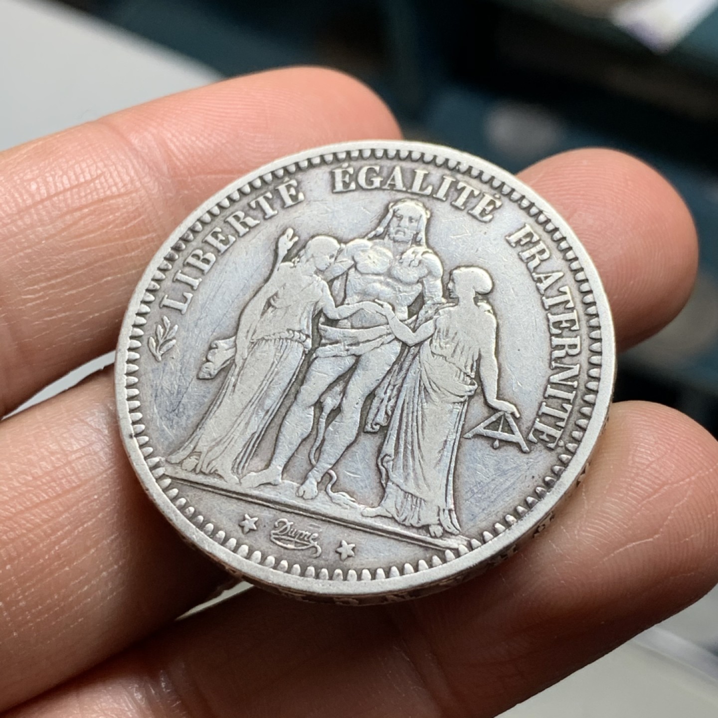 《竞宝斋》第34，35场-本周日，周一2场连拍（全场顺丰包邮） 流通好品相 法国 1873年 5法郎 大力神银币 原汁原味流通好品1873-A大力神银币，很舒服的老味道