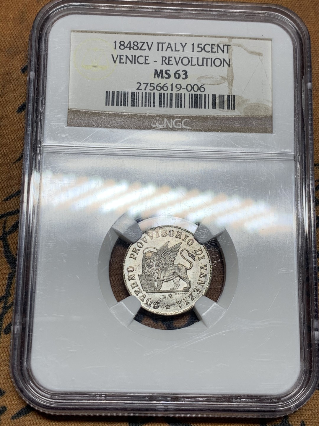 《竞宝斋》第34，35场-本周日，周一2场连拍（全场顺丰包邮） 1848年威尼斯临时政府15分银币 MS63 圣马可狮子经典形象 银主币价格已飞涨