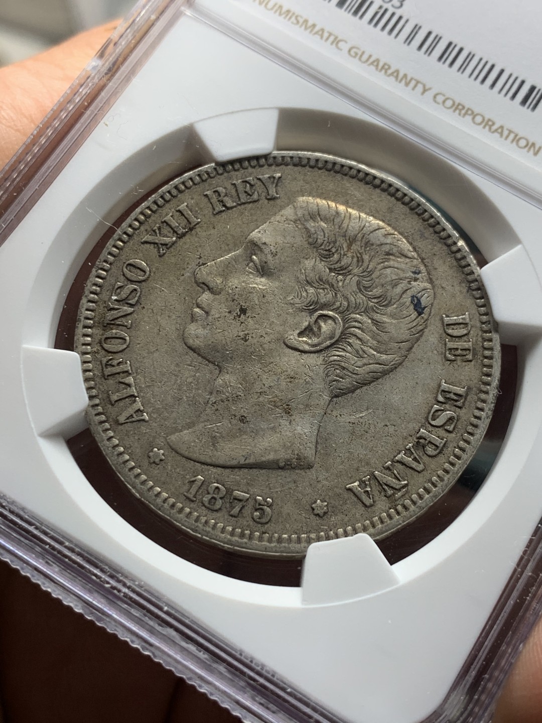 《竞宝斋》第34，35场-本周日，周一2场连拍（全场顺丰包邮） NGC-XF45 西班牙 1875年 阿方索十二世 双柱5比塞塔 大银币 原味好品 给分难得