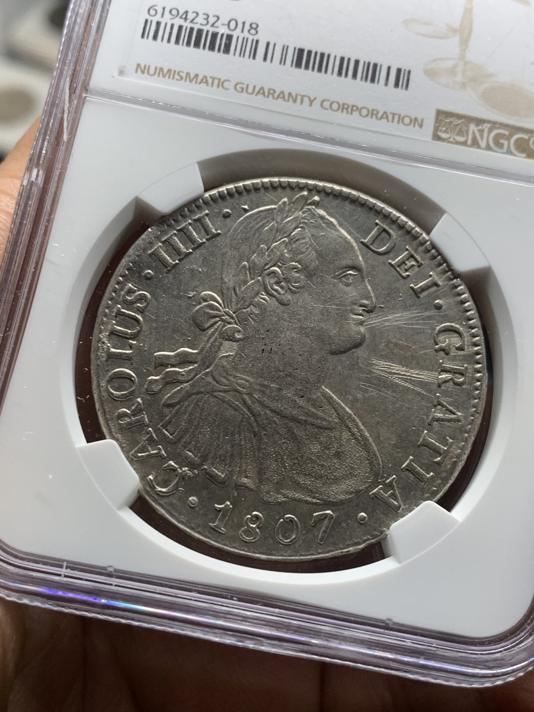 《竞宝斋》第34，35场-本周日，周一2场连拍（全场顺丰包邮） NGC-AUD 墨西哥 1807年 8 里亚尔  人像双柱卡洛斯四世  银币      原味