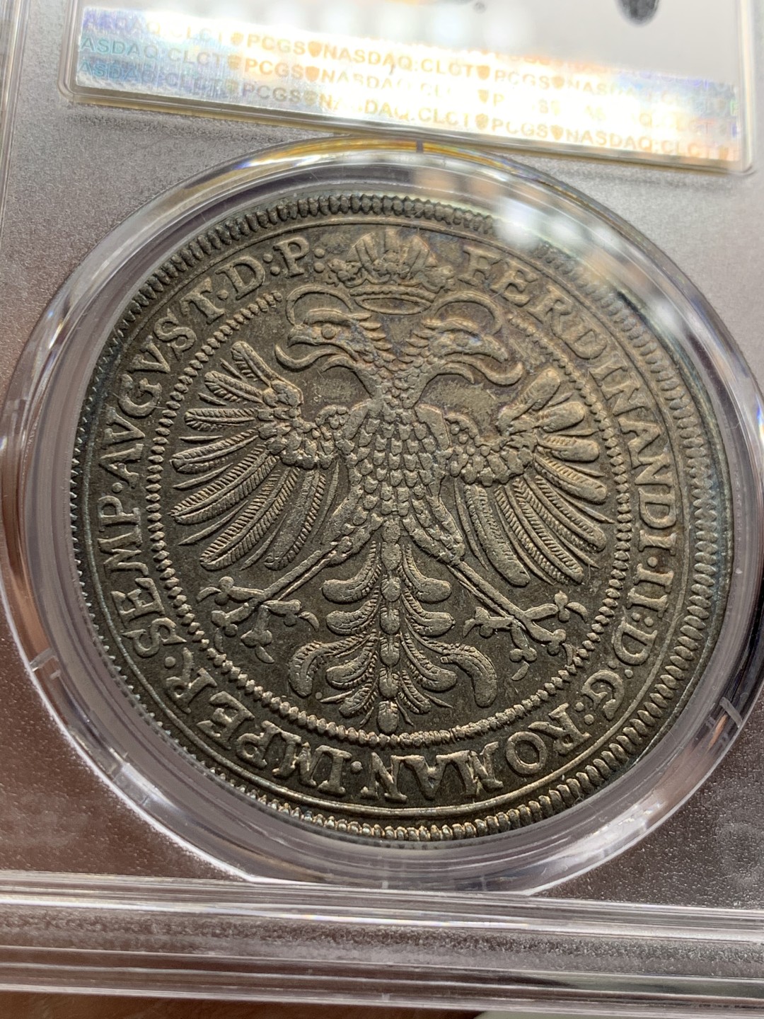《竞宝斋》第34，35场-本周日，周一2场连拍（全场顺丰包邮） PCGS-MS62 德国 1627年 神圣罗马帝国纽伦堡自由市 1泰勒 稀缺品种 五彩包浆 亚军分 PCGS封面币 非常漂亮