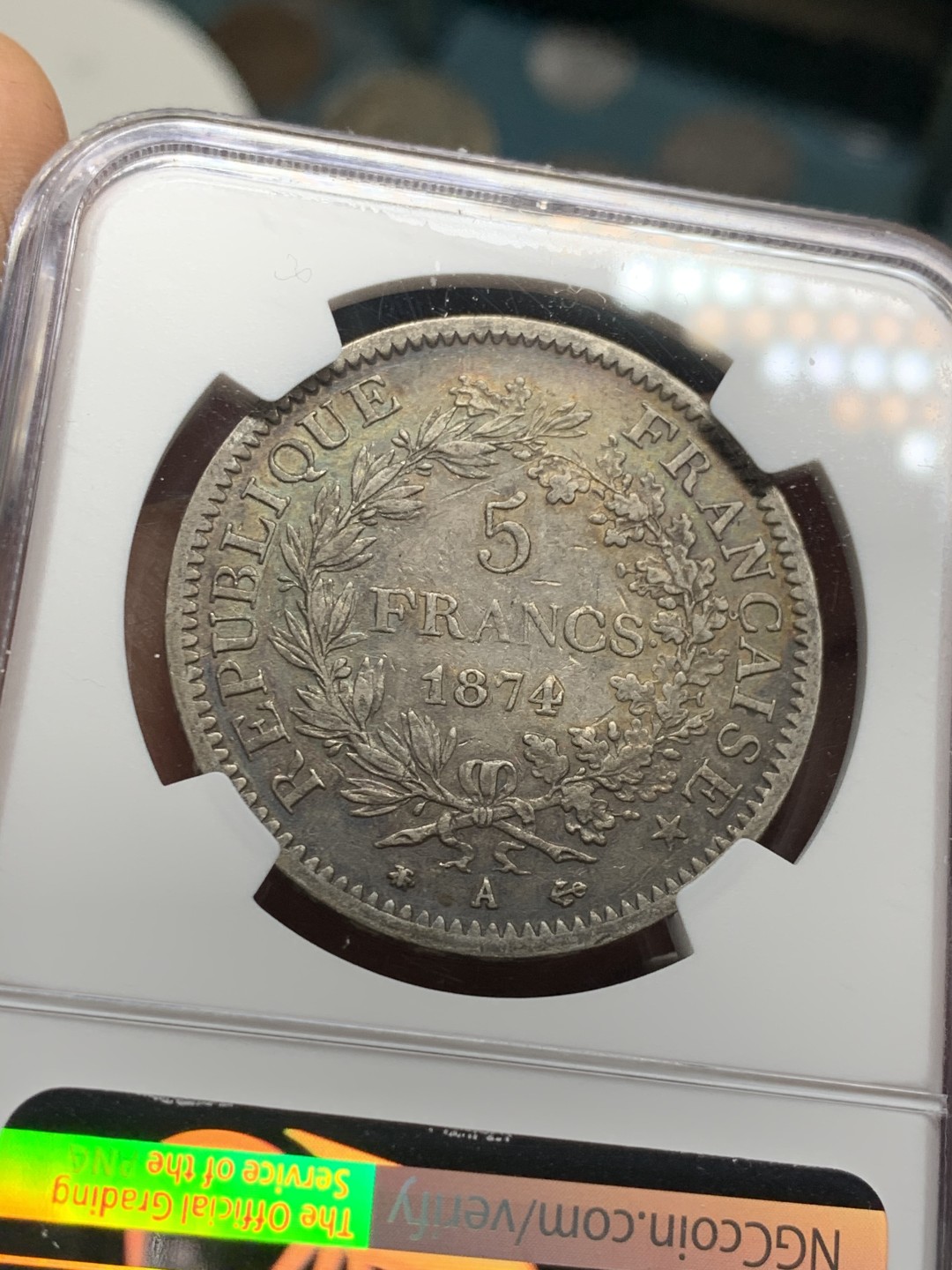 《竞宝斋》第34，35场-本周日，周一2场连拍（全场顺丰包邮） NGC-AU55 法国 1874年 大力神 5法郎 大银币 原味品