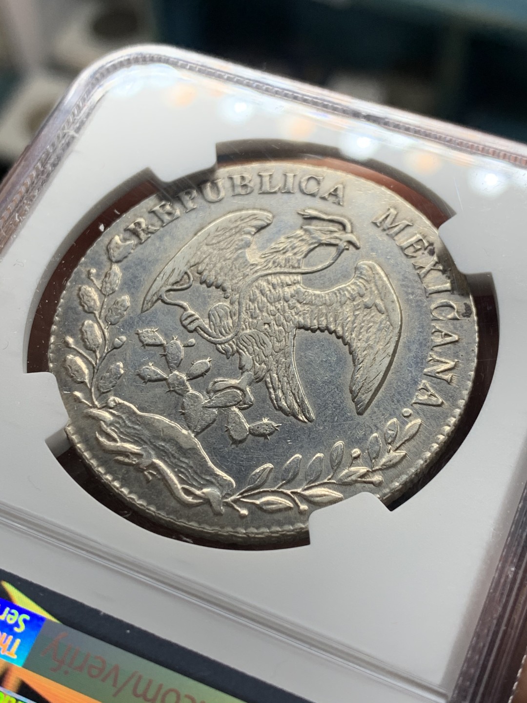 《竞宝斋》第34，35场-本周日，周一2场连拍（全场顺丰包邮） NGC-AUD  1886 墨西哥鹰洋 8 里亚尔银币   状态细节不错