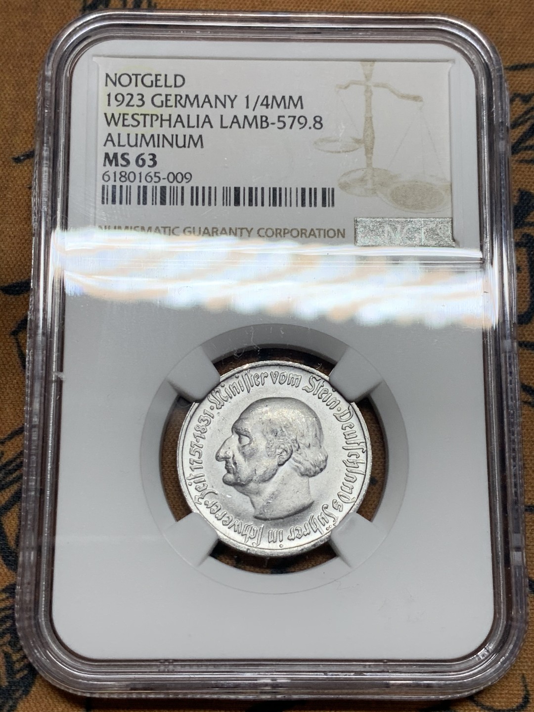 《竞宝斋》第34，35场-本周日，周一2场连拍（全场顺丰包邮） NGC-MS63 德国魏玛共和国 1923年 25万马克 小马铝币 稀少面值 比较少见