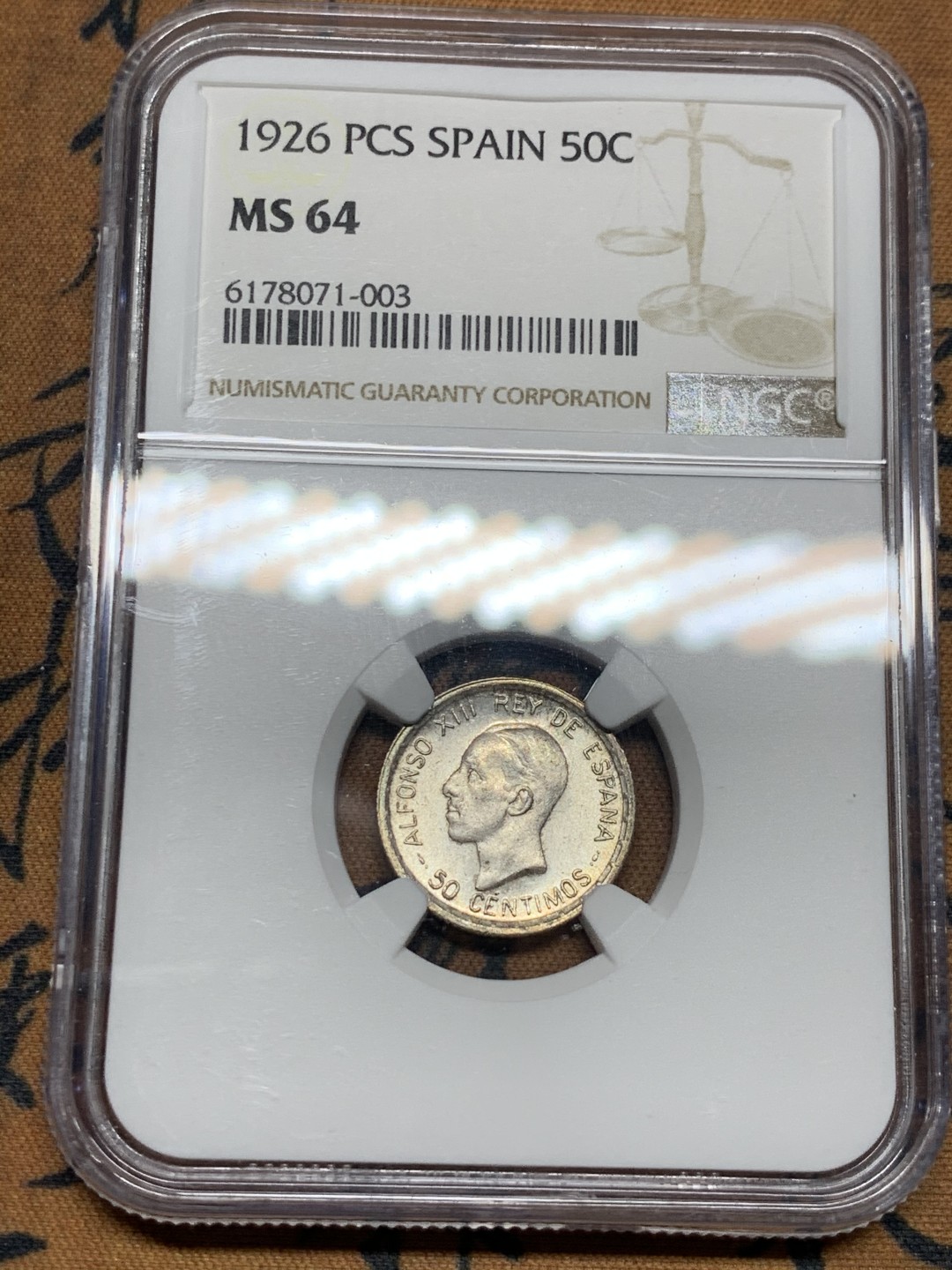 《竞宝斋》第34，35场-本周日，周一2场连拍（全场顺丰包邮） NGC-MS64 西班牙 1926年 阿方索十三世 50分 银币 原光好品 顶级品相