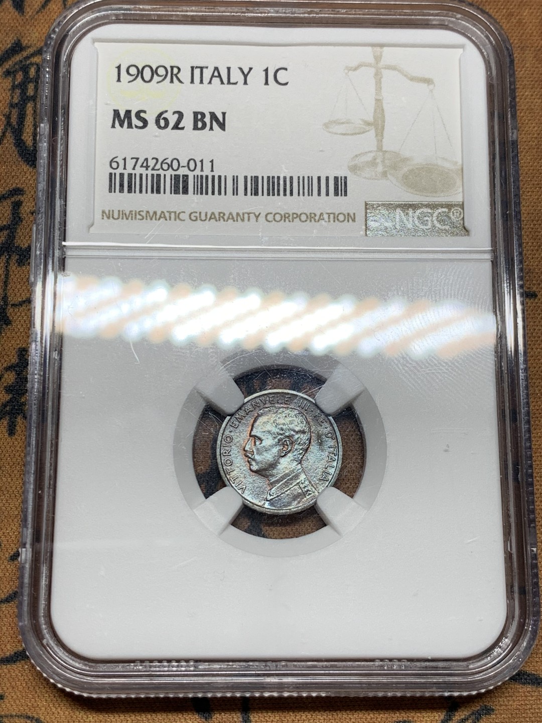 《竞宝斋》第34，35场-本周日，周一2场连拍（全场顺丰包邮） NGC MS62BN 意大利1909年1C铜币 拿花女神