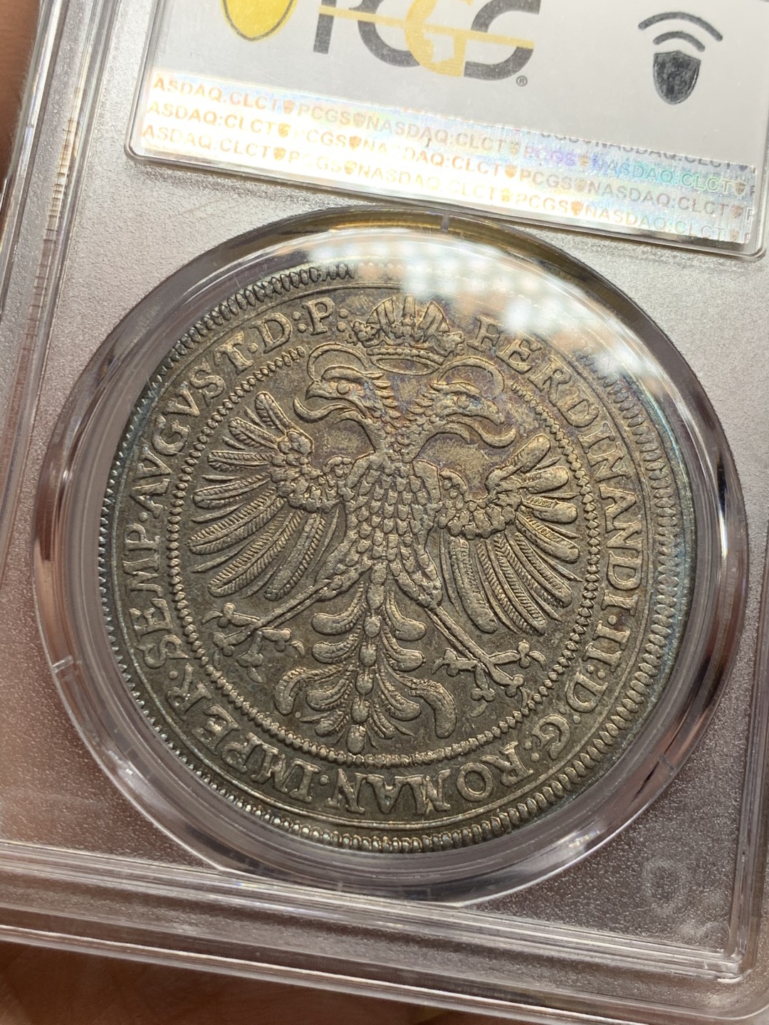 《竞宝斋》第34，35场-本周日，周一2场连拍（全场顺丰包邮） PCGS-MS62 德国 1627年 神圣罗马帝国纽伦堡自由市 1泰勒 稀缺品种 五彩包浆 亚军分 PCGS封面币 非常漂亮