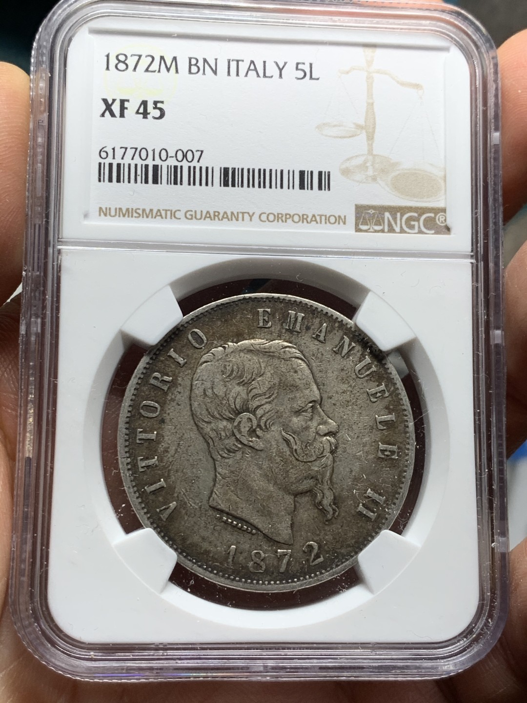 《竞宝斋》第34，35场-本周日，周一2场连拍（全场顺丰包邮） NGC-XF45 意大利 1872年 伊曼纽尔二世 5里拉 原味好品大银币