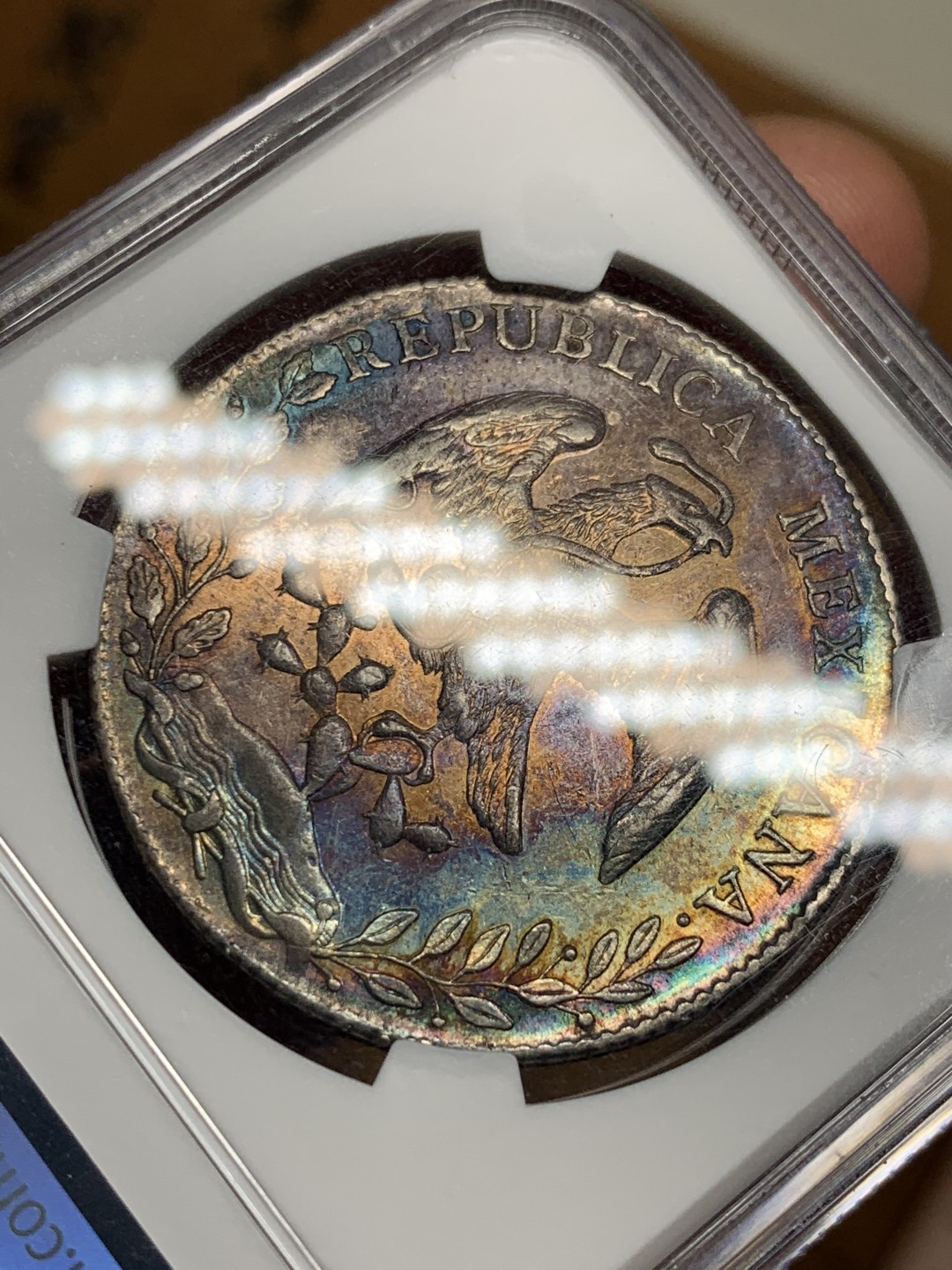 《竞宝斋》第34，35场-本周日，周一2场连拍（全场顺丰包邮） NGC-AU55 墨西哥 1894 花边鹰洋 原味带光五彩 极品五彩包浆