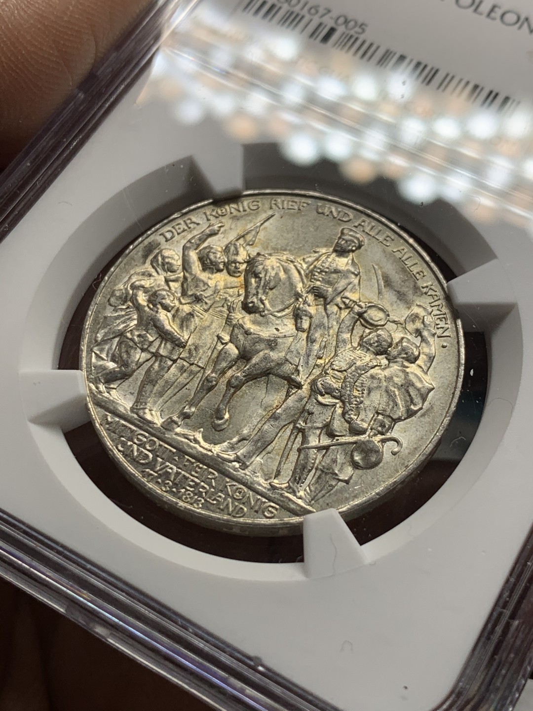 《竞宝斋》第34，35场-本周日，周一2场连拍（全场顺丰包邮） NGC-MS62 德国普鲁士 1913年 普法战争 3马克 银币 原光好品 淡彩