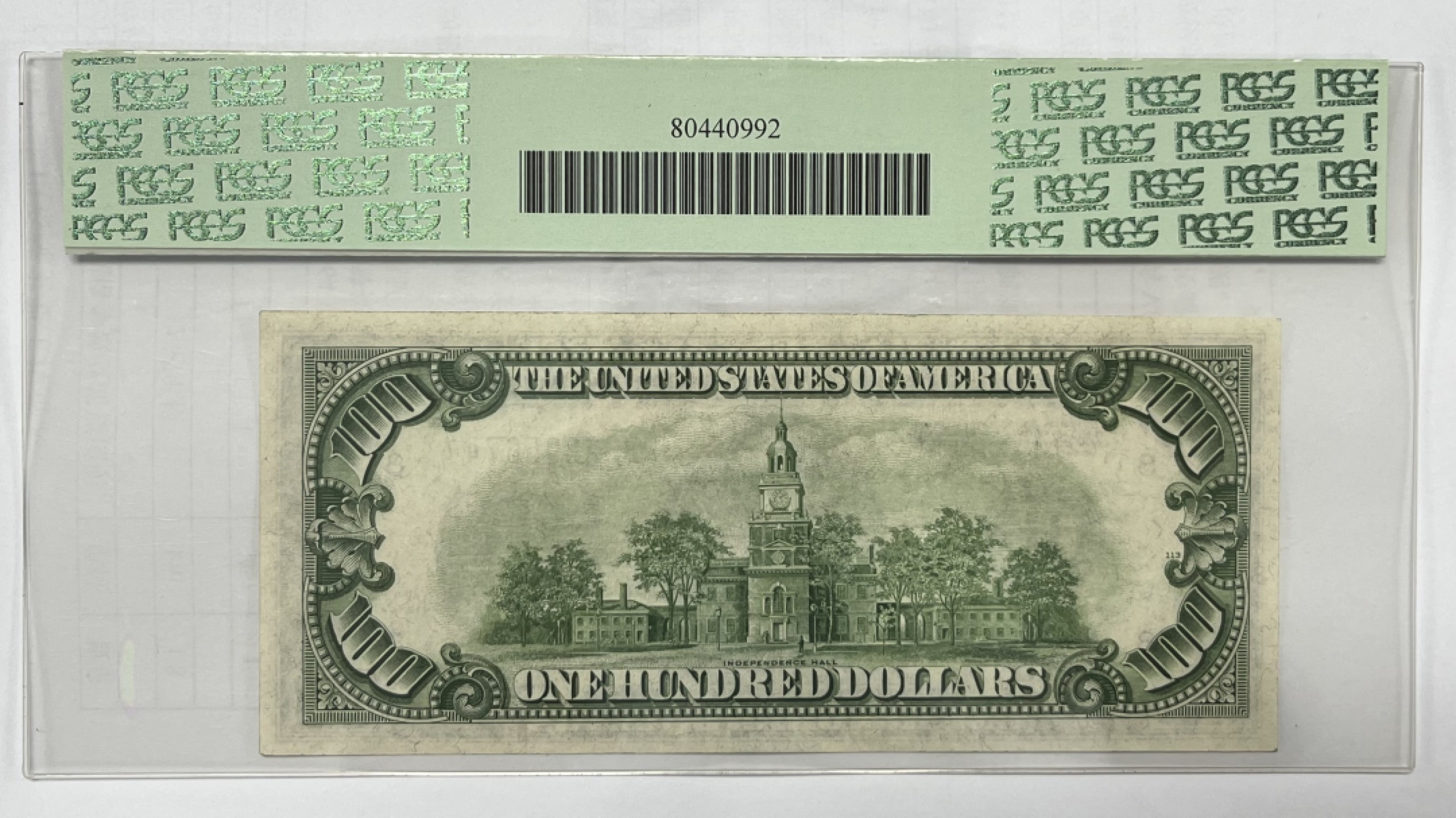 得物拍卖 Chase Auction  第2期 - -世界纸币精粹（二）  1934正版 100美元  PCGS 65PPQ  DGS=Dark Green Seal深色库印  乱蛇号，正面富兰克林，美国政治家，科学家，发明家，实业家，美国开国元勋之一，背面为美国费城独立纪念馆（自由钟）！