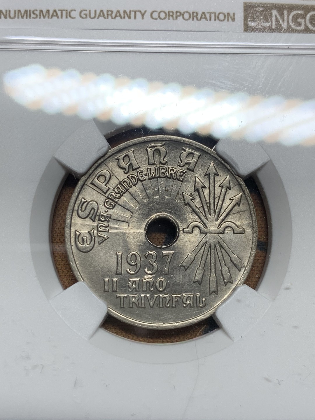 《竞宝斋》第34，35场-本周日，周一2场连拍（全场顺丰包邮） NGC-MS63 西班牙 内战币 1937年 25分 镍币 较少见品种