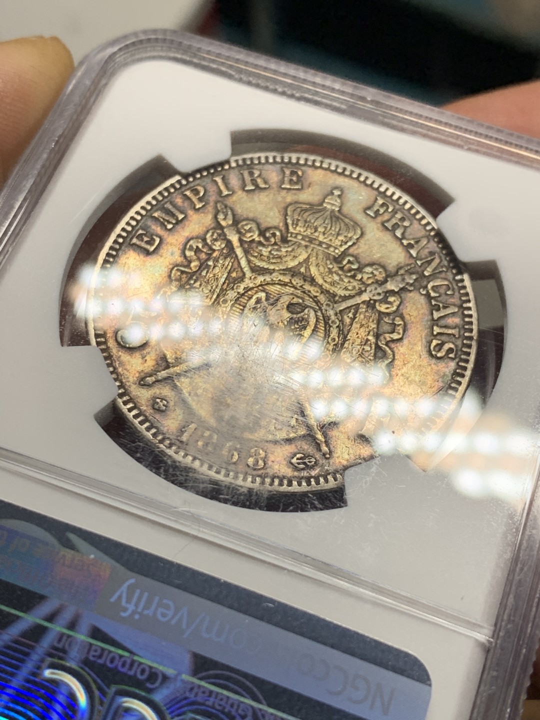 《竞宝斋》第34，35场-本周日，周一2场连拍（全场顺丰包邮） NGC-AU53 法国 1868年 拿破仑三世 5法郎 大银币 原味老包浆