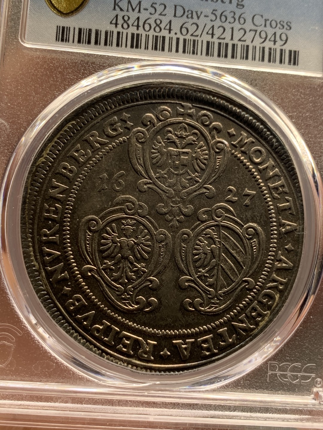 《竞宝斋》第34，35场-本周日，周一2场连拍（全场顺丰包邮） PCGS-MS62 德国 1627年 神圣罗马帝国纽伦堡自由市 1泰勒 稀缺品种 五彩包浆 亚军分 PCGS封面币 非常漂亮