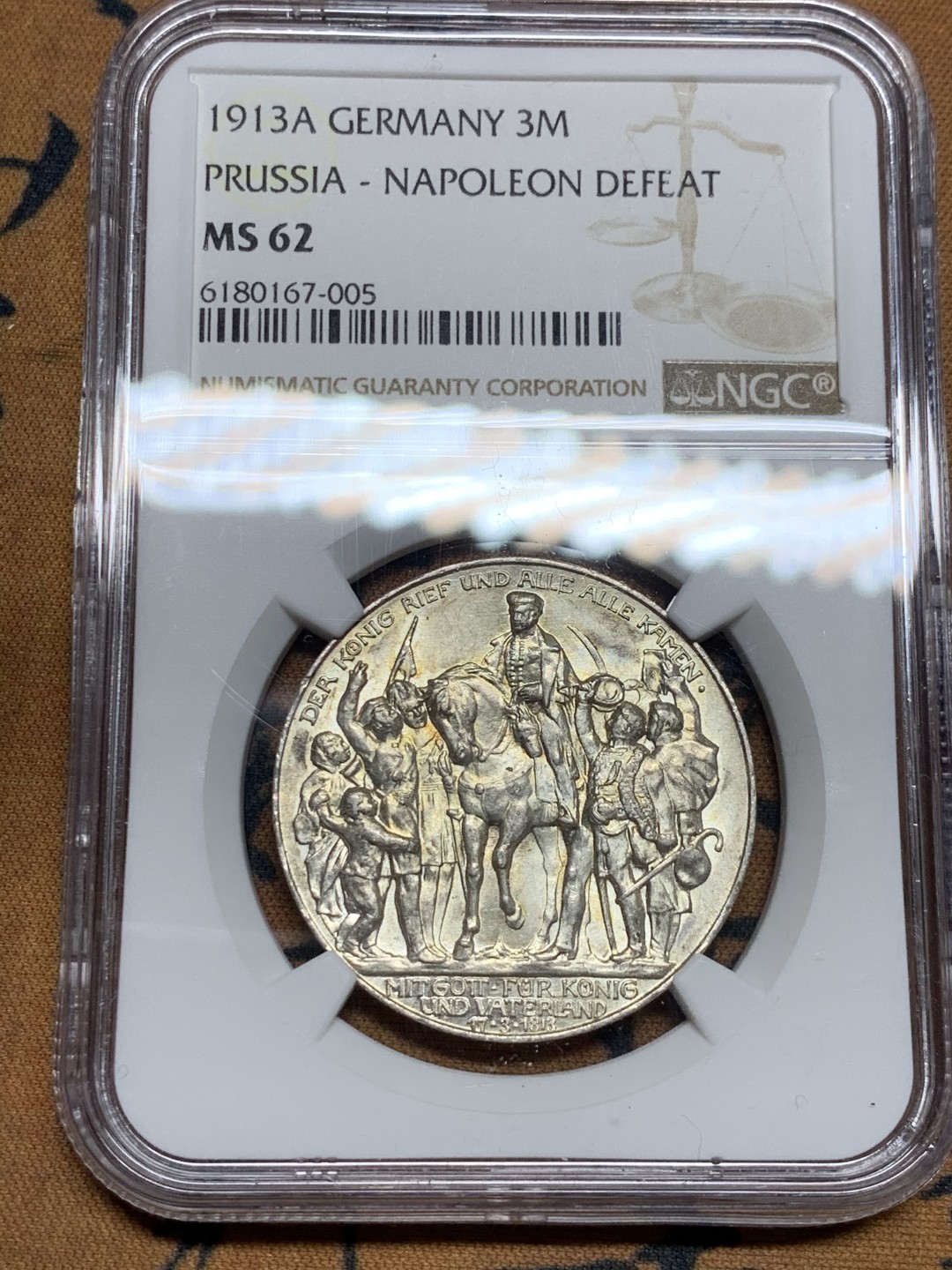 《竞宝斋》第34，35场-本周日，周一2场连拍（全场顺丰包邮） NGC-MS62 德国普鲁士 1913年 普法战争 3马克 银币 原光好品 淡彩