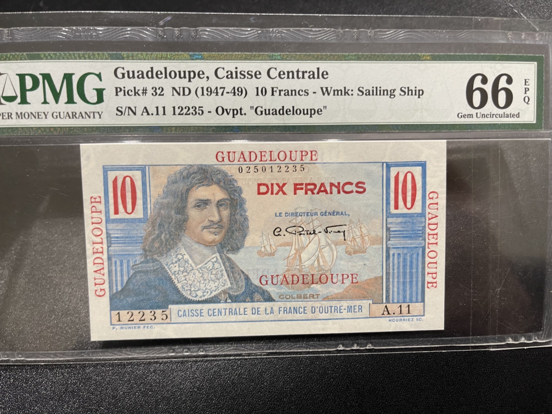 《外钞收藏家》第一百六十七期拍卖 1947-49年法属 瓜德罗普 10法郎 PMG66