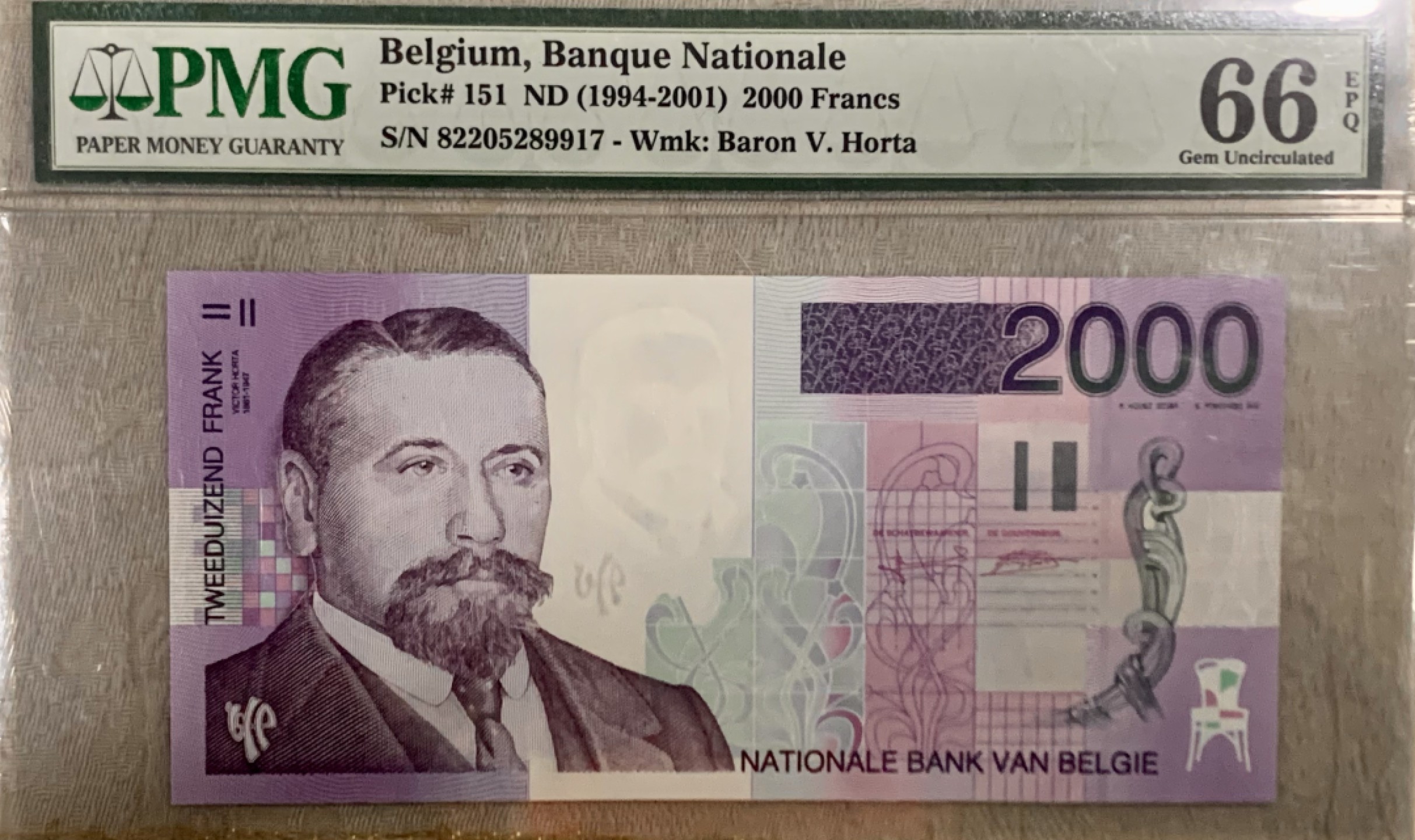 圣域骑士团 | CICE币展&易卜生专场 春天来了 ‼️第三期（2022003） 【末版比利时法郎】 1994-2001 比利时 2000法郎 PMG66分 P151 正面人物建筑师霍尔塔