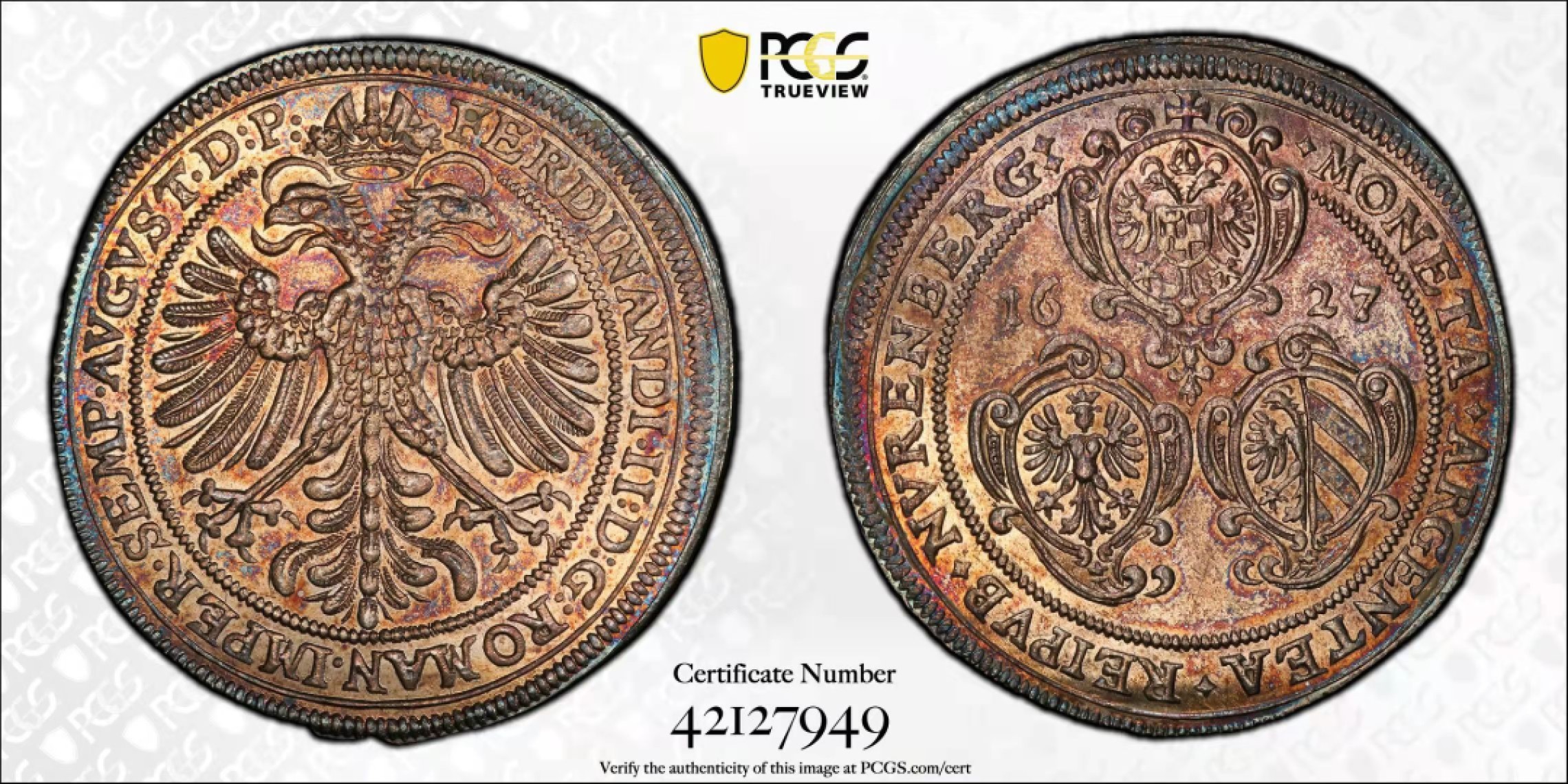 《竞宝斋》第34，35场-本周日，周一2场连拍（全场顺丰包邮） PCGS-MS62 德国 1627年 神圣罗马帝国纽伦堡自由市 1泰勒 稀缺品种 五彩包浆 亚军分 PCGS封面币 非常漂亮