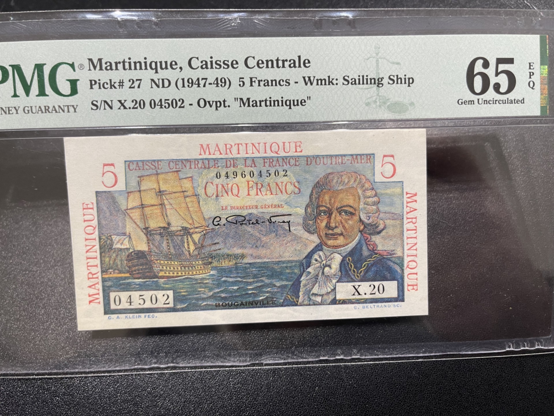 《外钞收藏家》第一百六十七期拍卖 1947-49年法属 马提尼克 5法郎 PMG65