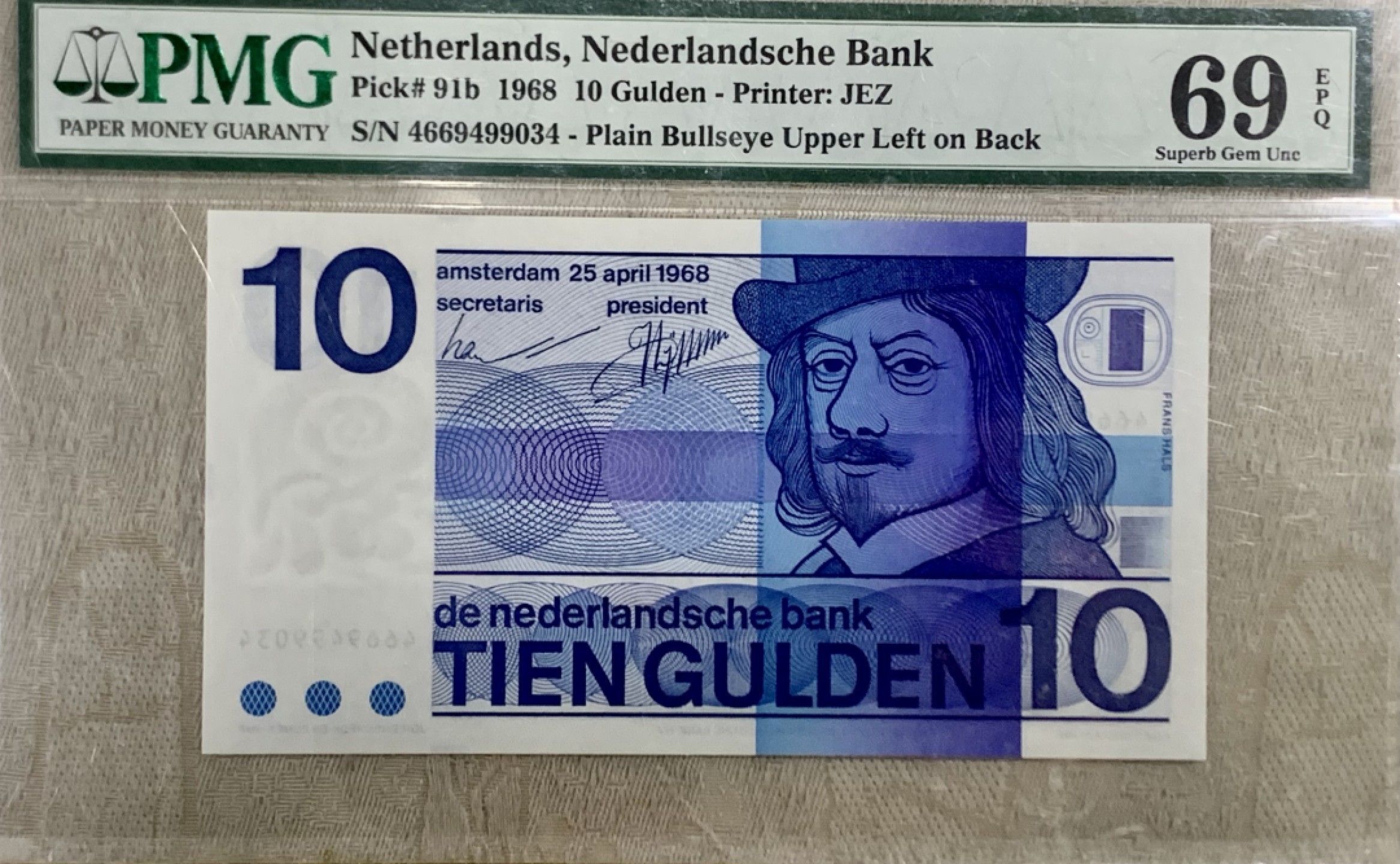 圣域骑士团 | CICE币展&易卜生专场 春天来了 ‼️第三期（2022003） 【超高分】1968年荷兰 10盾 PMG69分 P91b 正面人物：画家弗朗斯·哈尔斯