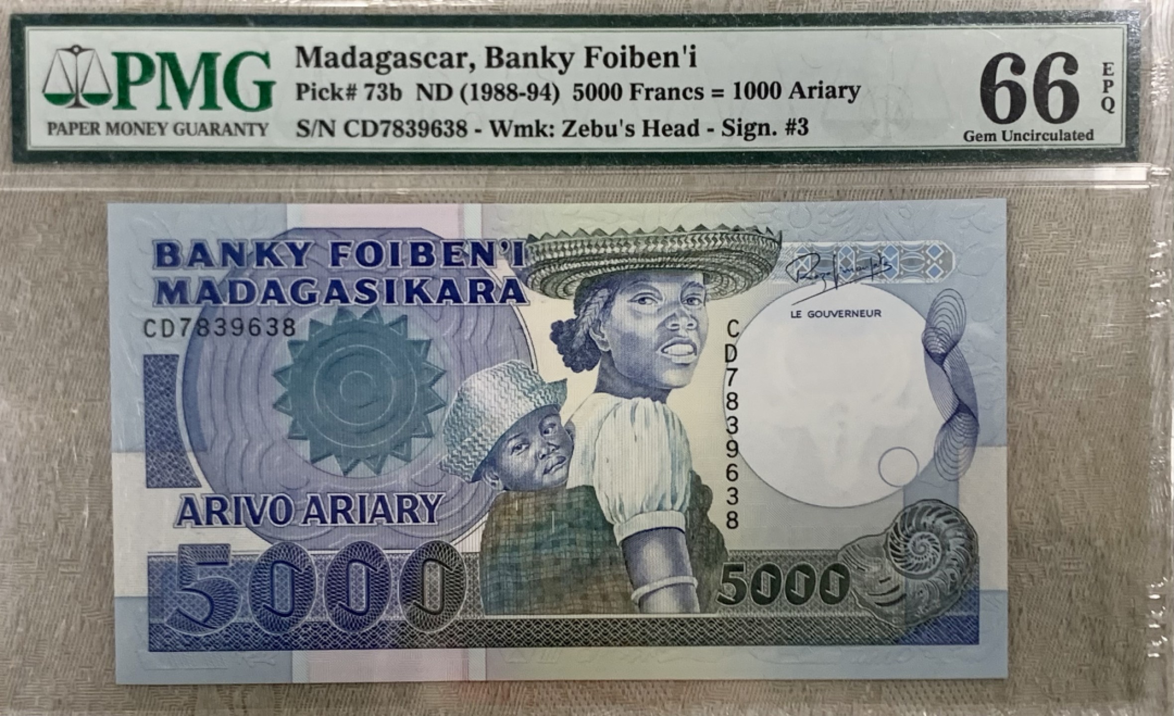 圣域骑士团 | CICE币展&易卜生专场 春天来了 ‼️第三期（2022003） 【季军分】1988-94年 马达加斯加 5000法郎 PMG66分 P73b 全程无4&尾8