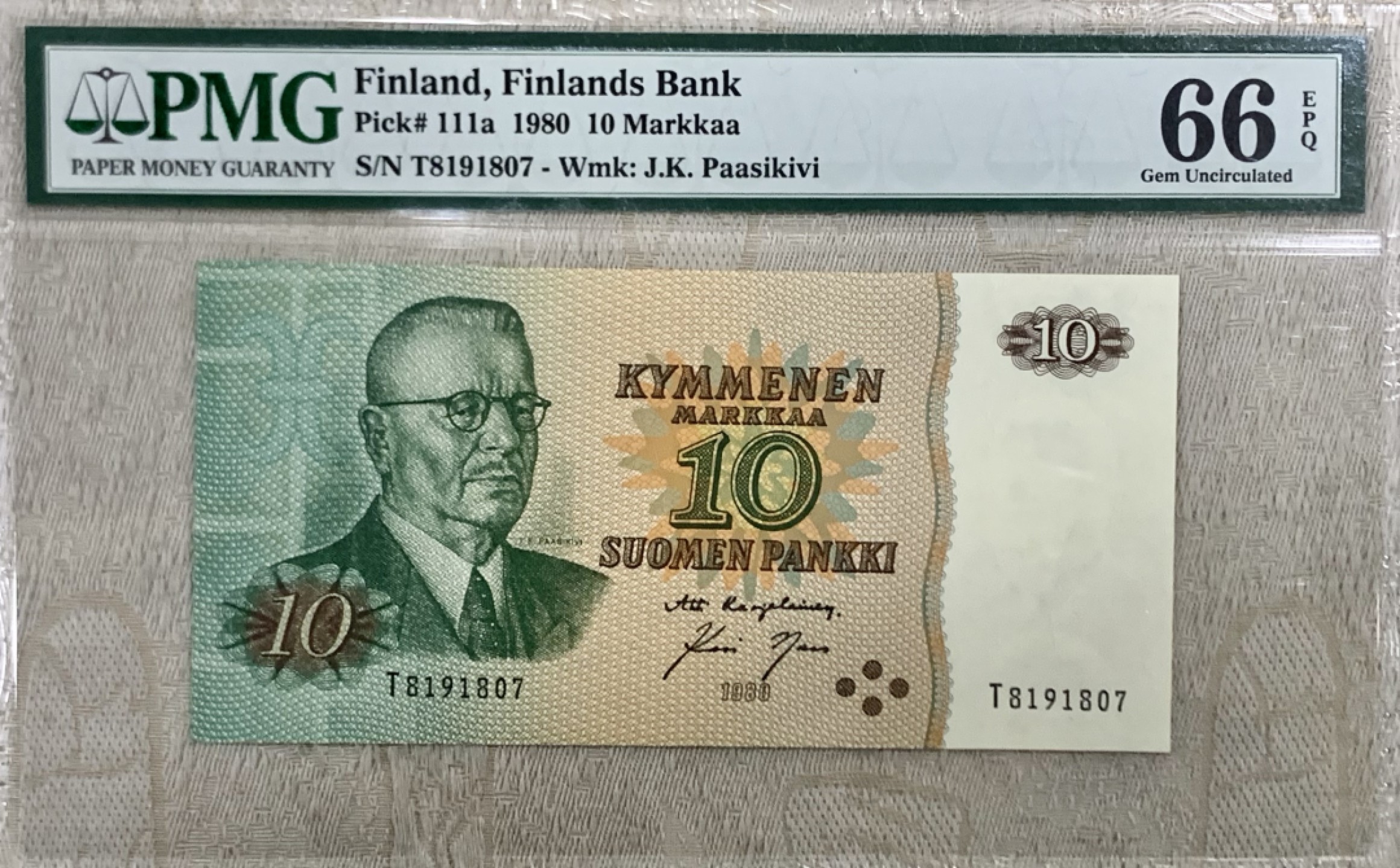 圣域骑士团 | CICE币展&易卜生专场 春天来了 ‼️第三期（2022003） 【芬兰老总统首发】1980年 芬兰 10马克 PMG66 P111a