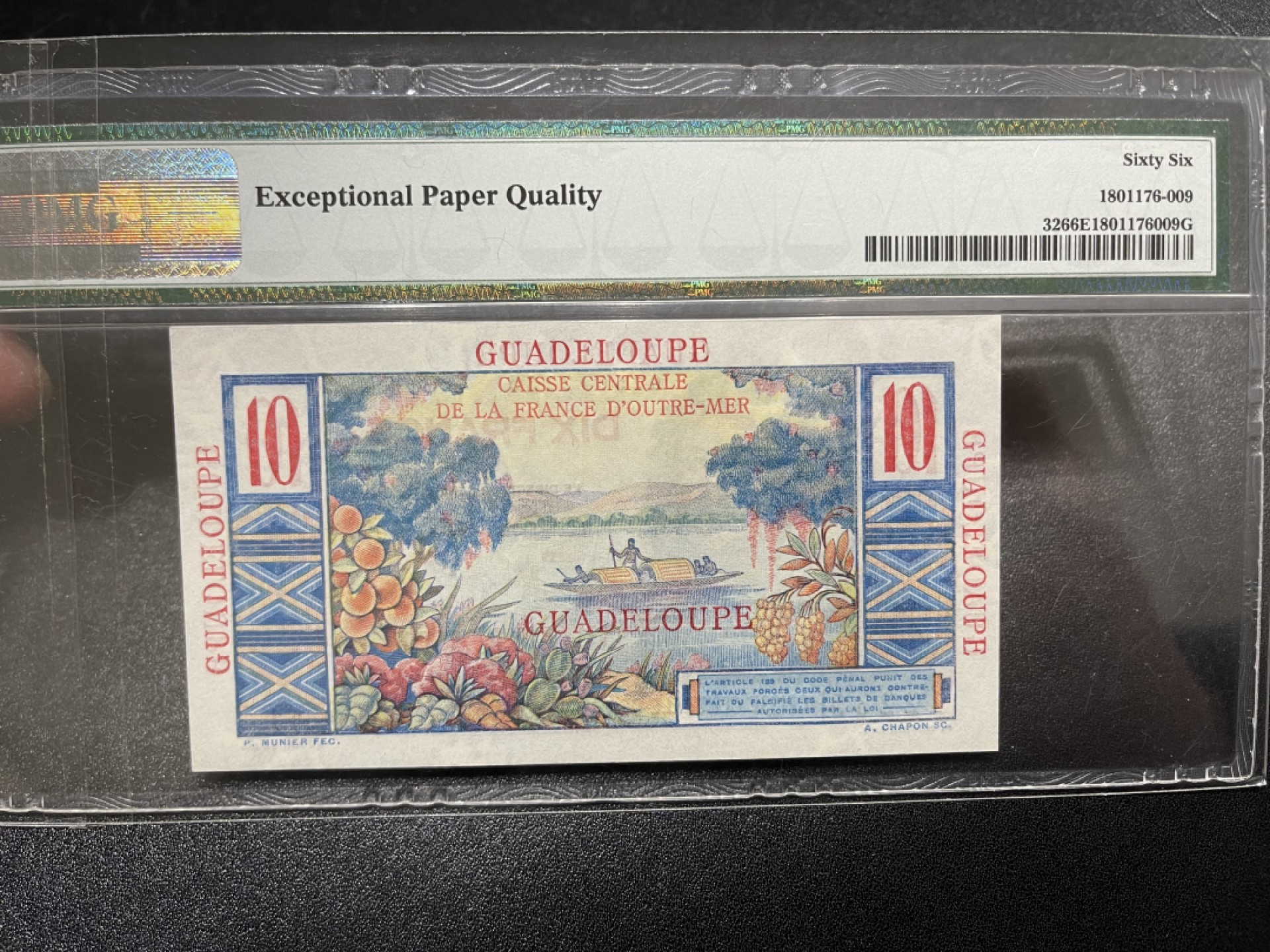 《外钞收藏家》第一百六十七期拍卖 1947-49年法属 瓜德罗普 10法郎 PMG66