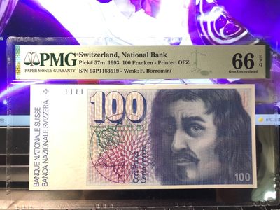 🔥🐯甜小邱世界纸币收藏《第18期》🐯🔥  - PMG66 瑞士1993年版 100法郎 全程无47靓号 