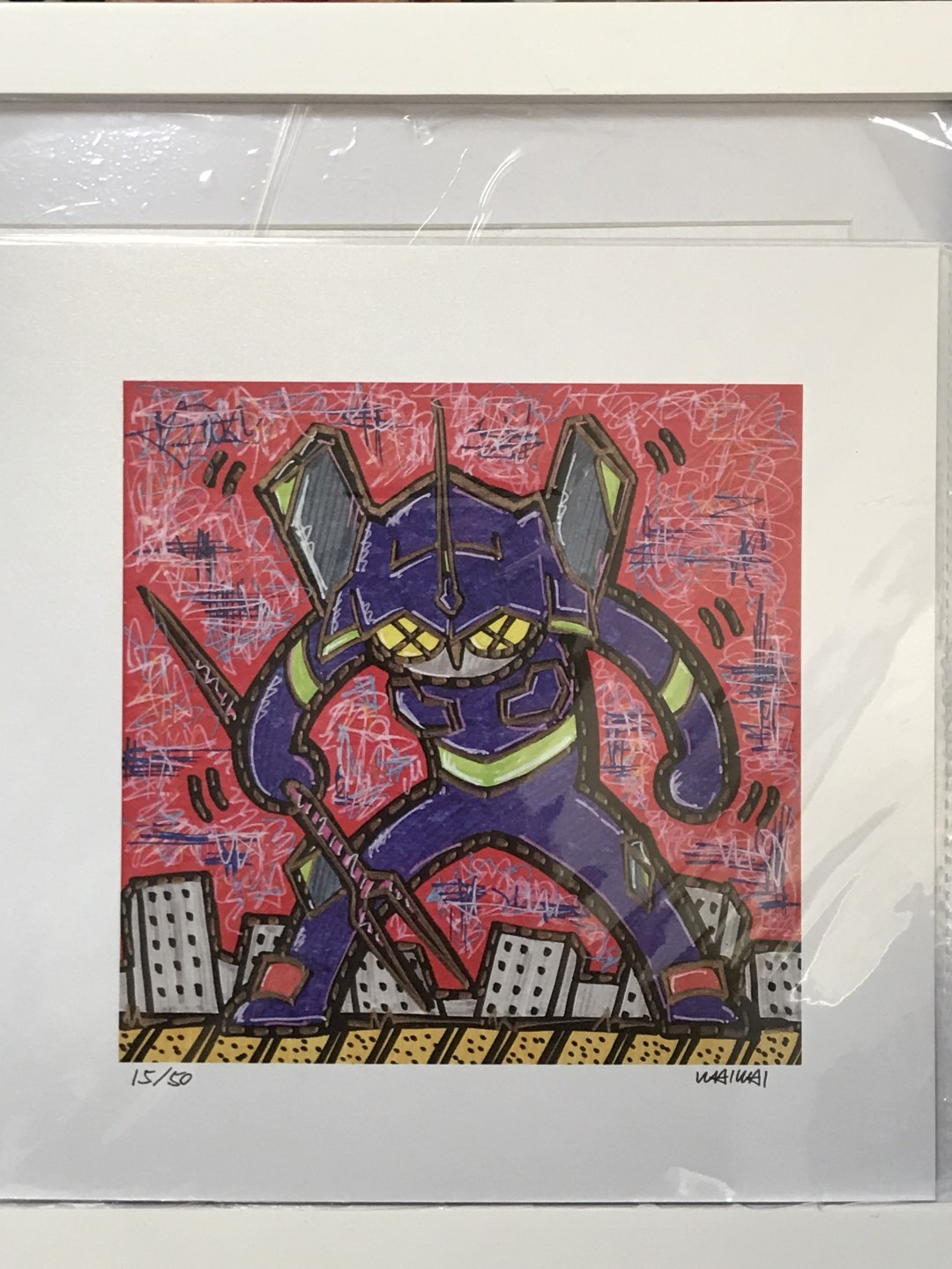 零元拍：歪歪亲笔签名 OWSON系列插画复制画《EVA》，尺寸约22/22厘米，拍品不含镜框