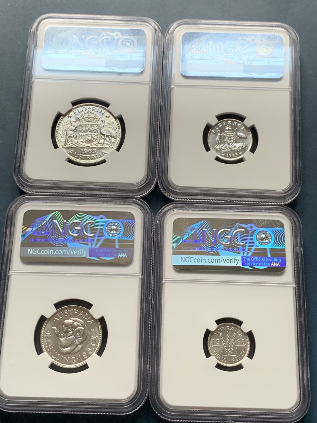 《竞宝斋》第34，35场-本周日，周一2场连拍（全场顺丰包邮） 澳大利亚 1963年 4枚银便士精制套币 早期少见十二进制的精制套币，书价375刀