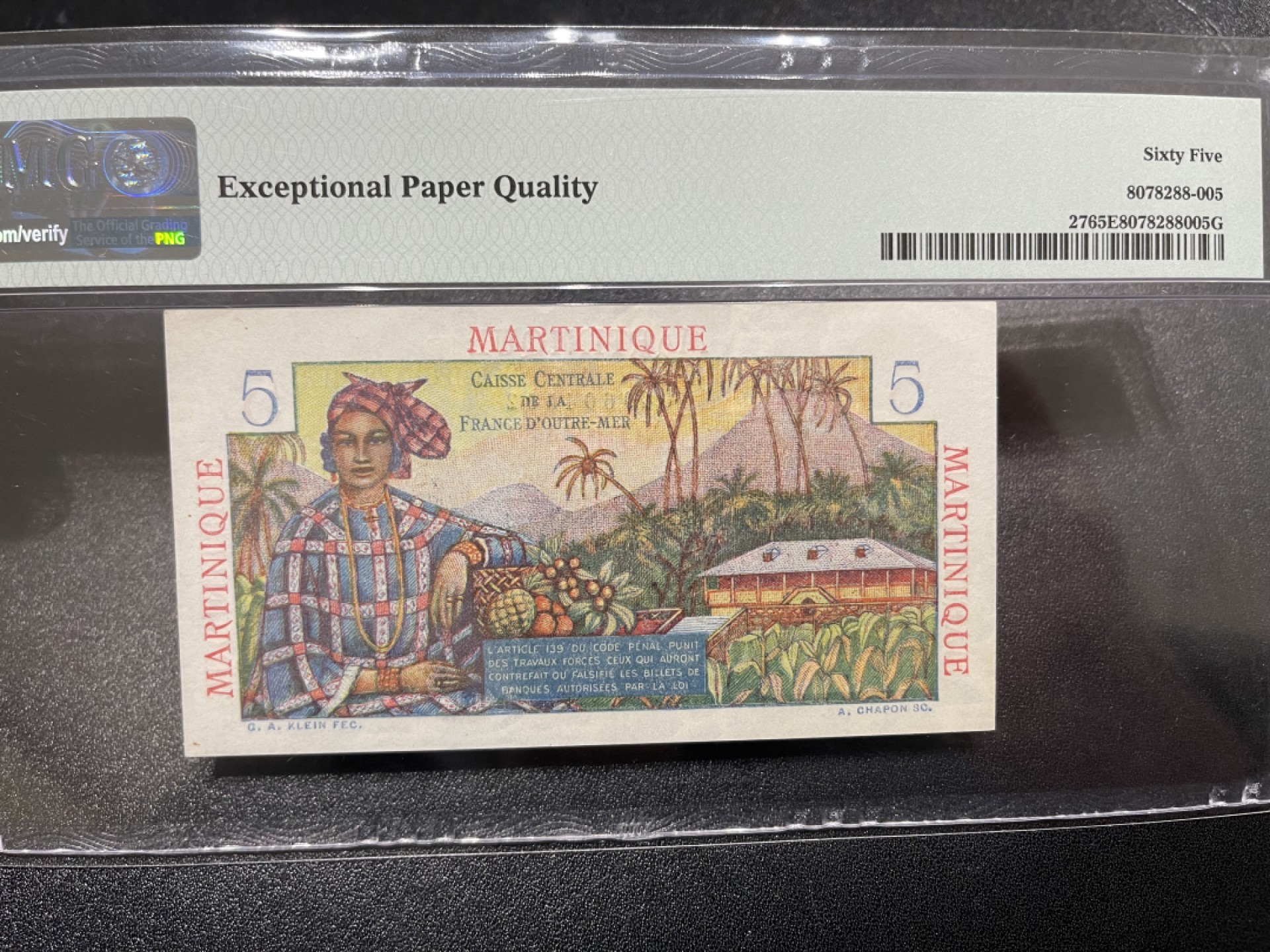 《外钞收藏家》第一百六十七期拍卖 1947-49年法属 马提尼克 5法郎 PMG65