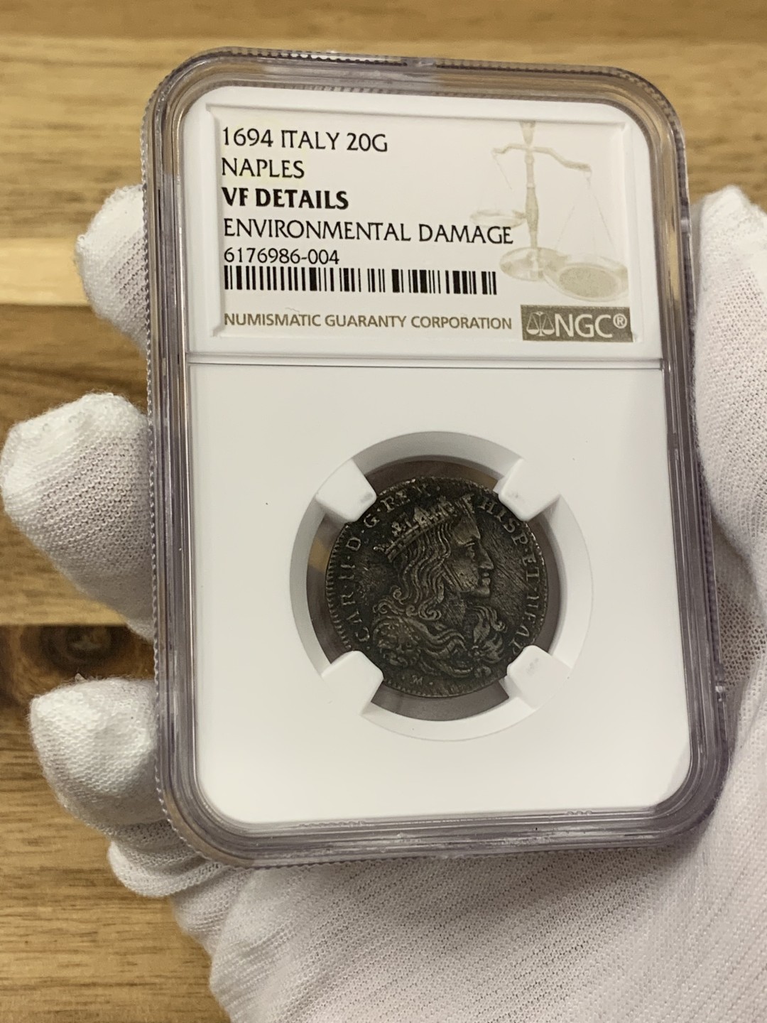 欧陆典藏，“币”定生辉，外币专场第一期 1694年那不勒斯-恶魔查理二世-西班牙最后一个哈布斯堡王朝。 西西里岛和撒丁岛的海外帝国的国王，米兰公爵，西班牙尼德兰的君主.稀少品。NGC-VFD